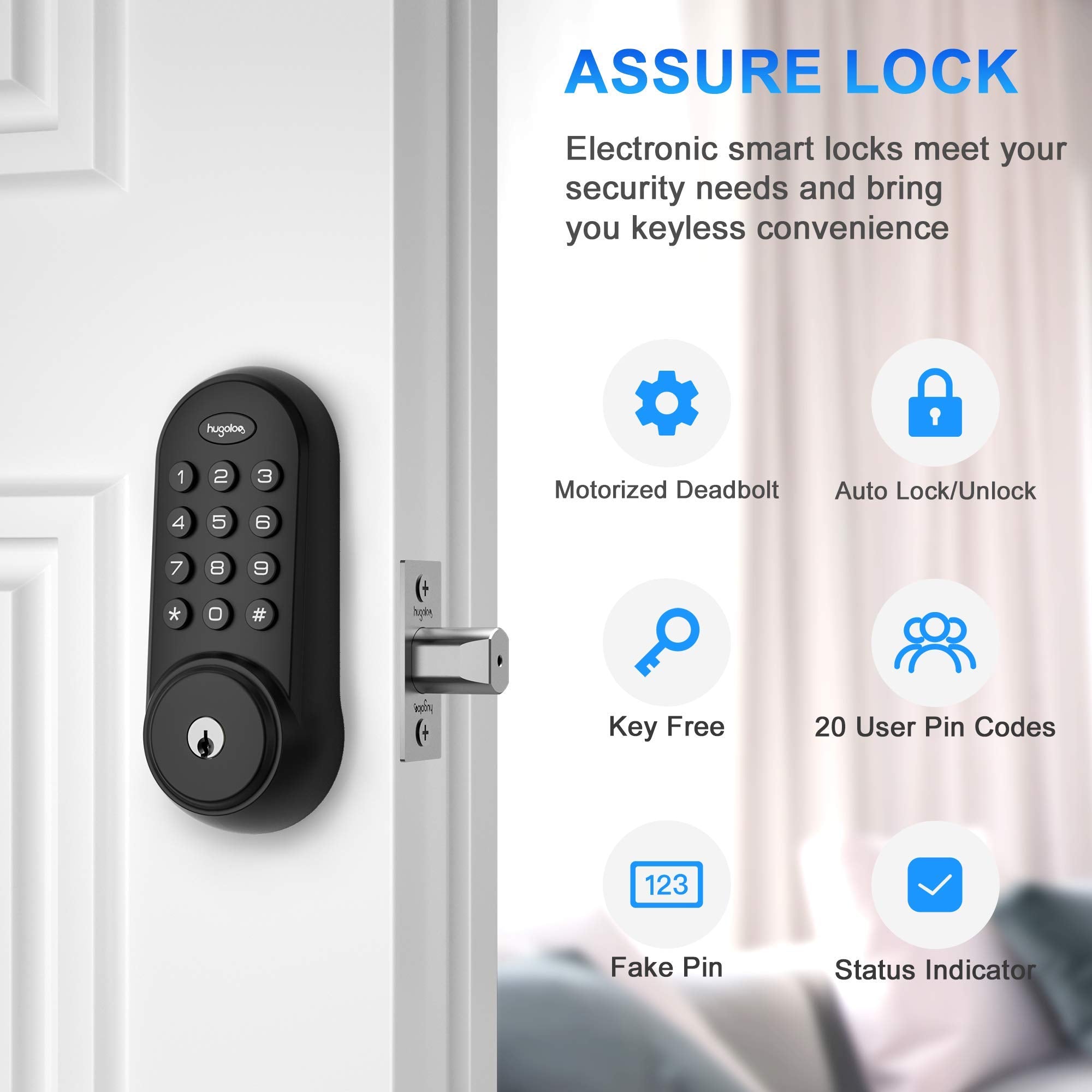 Hugolog Deadbolt Lock Electronic,Keypad Keyless Entry Door Lock Motorized Auto-Locking Easy To Install High Security Material For Metal Home & Office Black