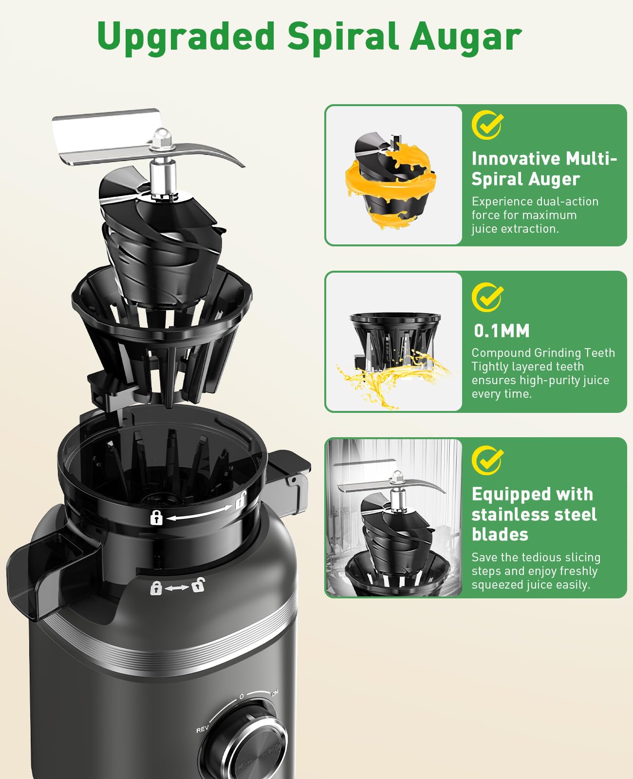 GlowWise Cold Press Masticating Juicer Machines with Built-in Blades for Slicing Whole Fruits & Vegetables, 4.35" Large Feeding Chute - Koospark