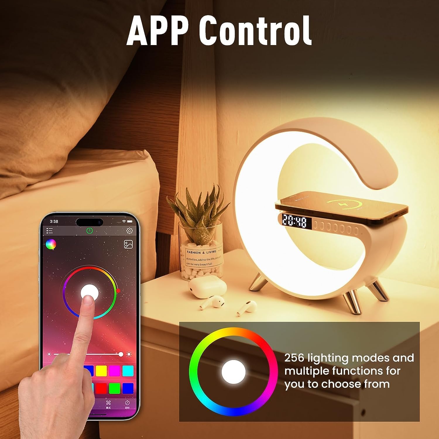 Leenabao Smart Led Table Lamp, 4-In-1 Wireless Charger, Night Light, Alarm Clock, And Bluetooth Speaker With App Control For Bedroom, Office, And Home Decor (White)