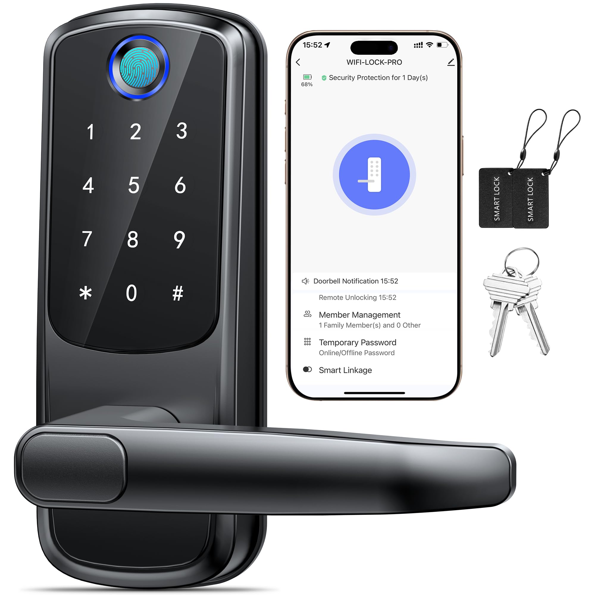 Sohoteco Keyless Entry Door Lock With Handle, Built-In Wifi Deadbolt, Smart Fingerprint Security Lock For Front Door, Support Doorbell Call And App Unlock, Easy Installation, Matte Black