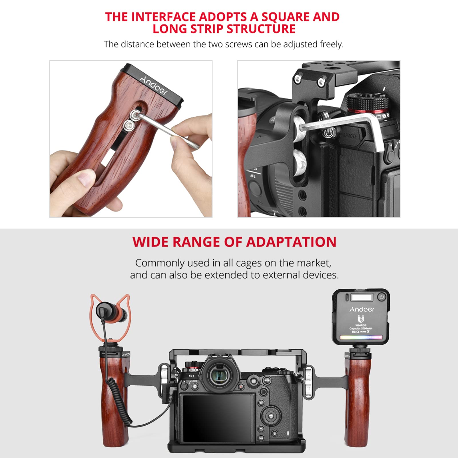 Andoer Explopur Universal Camera Cage Wooden Handle Left/Right Side Hand Grip With Cold Shoe Mount 1/4 Inch & 3/8 Inch Screw Holes Video Pgraphy Accessories