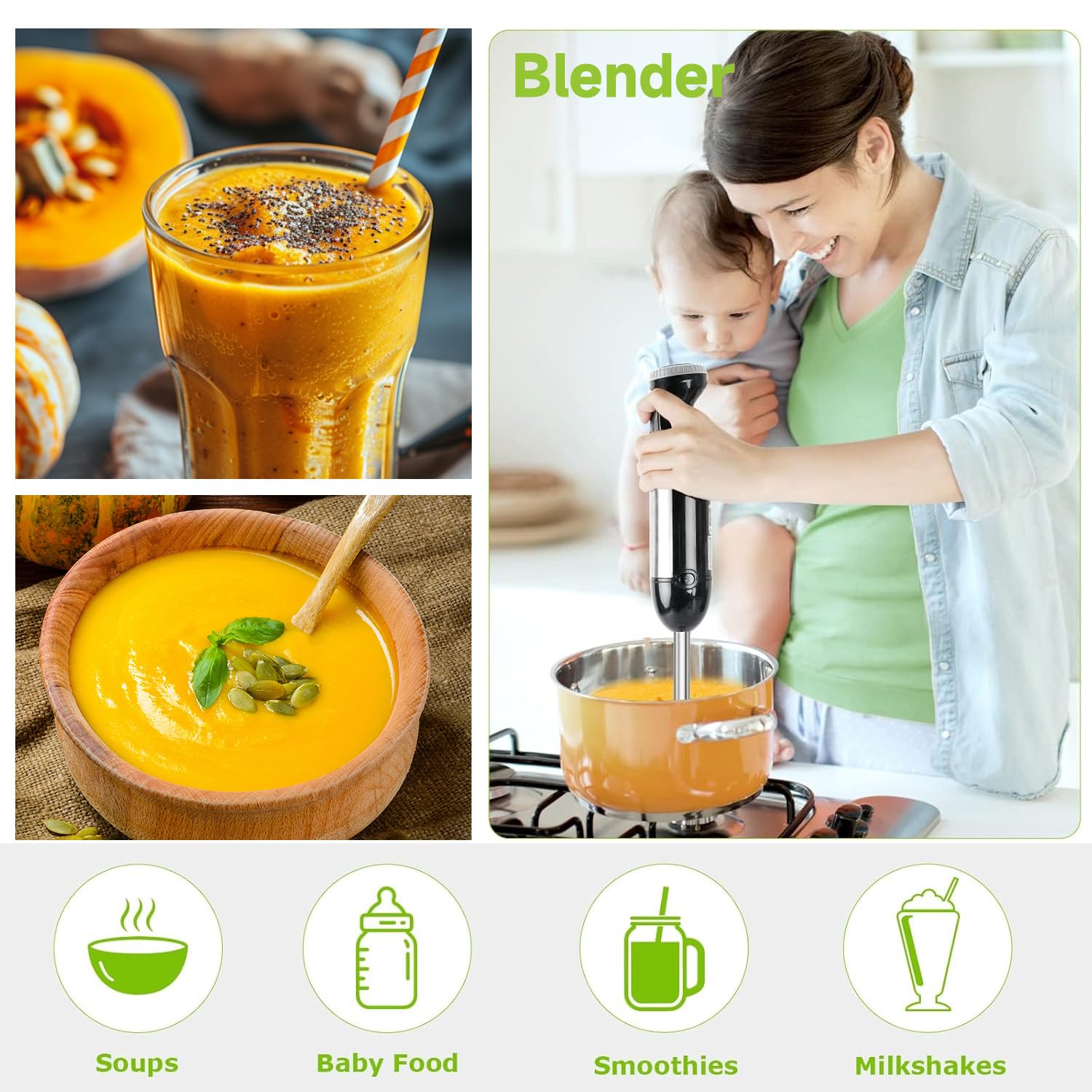 Bonsenkitchen Immersion Blender, 20 Variable Speeds & Turbo, 4-In-1 Stainless Steel Handheld Blender Stick, Egg Whisk, Perfect For Soups, Baby Food, Easy Clean, Versatile Kitchen Tool
