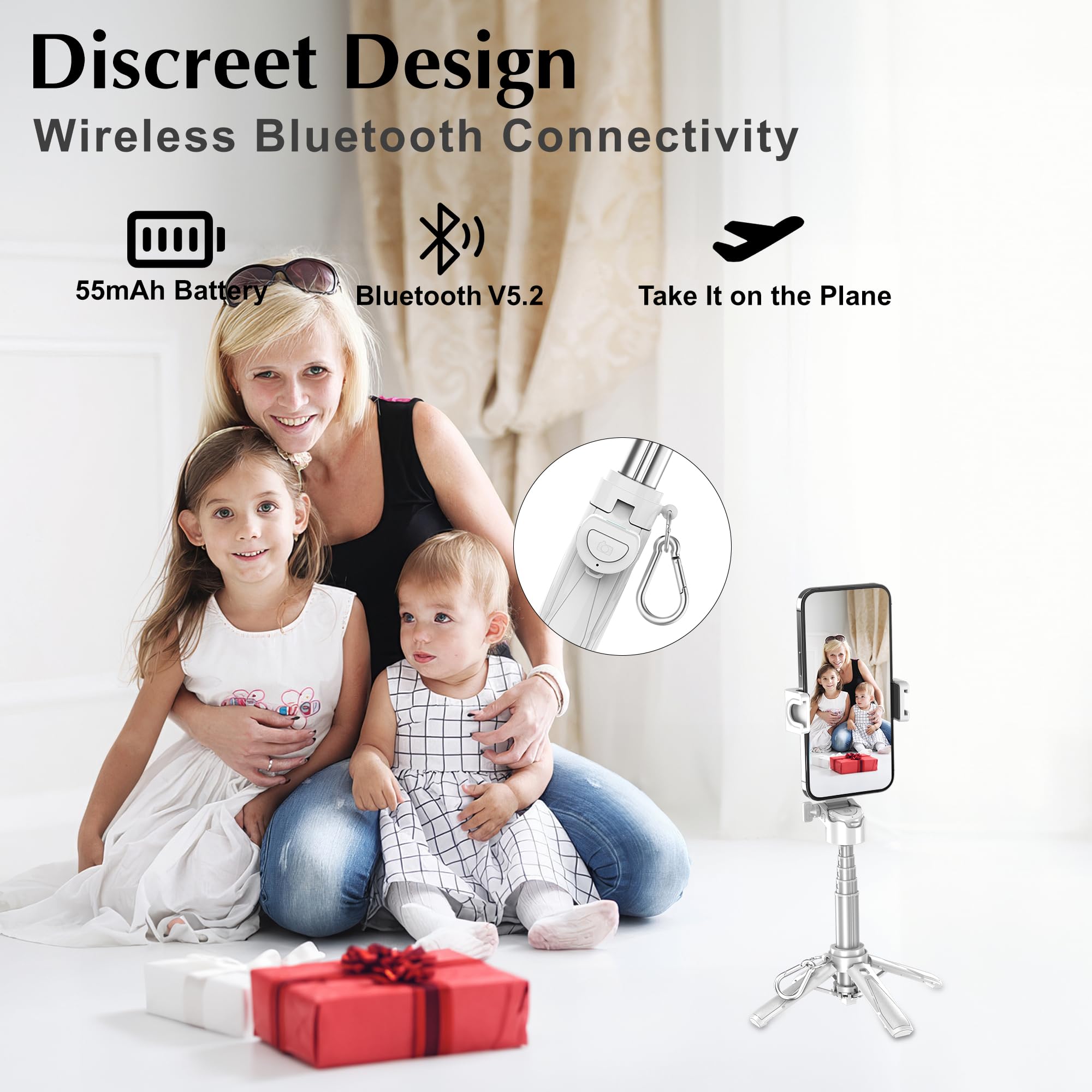 Eug-Products Mini Selfie Stick Tripod, Extendable Grip Phone Tripod With Detachable Remote Pocket Size, 4-In-1 Mini Phone Grip, 10M Wireless Shutter, Vlog Livestreaming Photography （White）