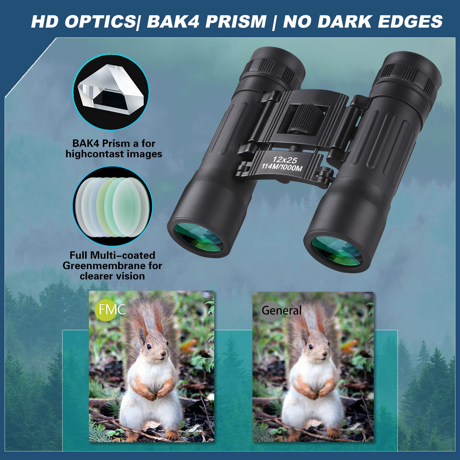 Anourney 12X25 Compact Binoculars, High Powered Easy Focus Binoculars, Portable Large Eyepiece Binocular For Adults Kids Bird Watching,Opera Concert, Travel, Hiking, Outdoor Scenery, Football Game