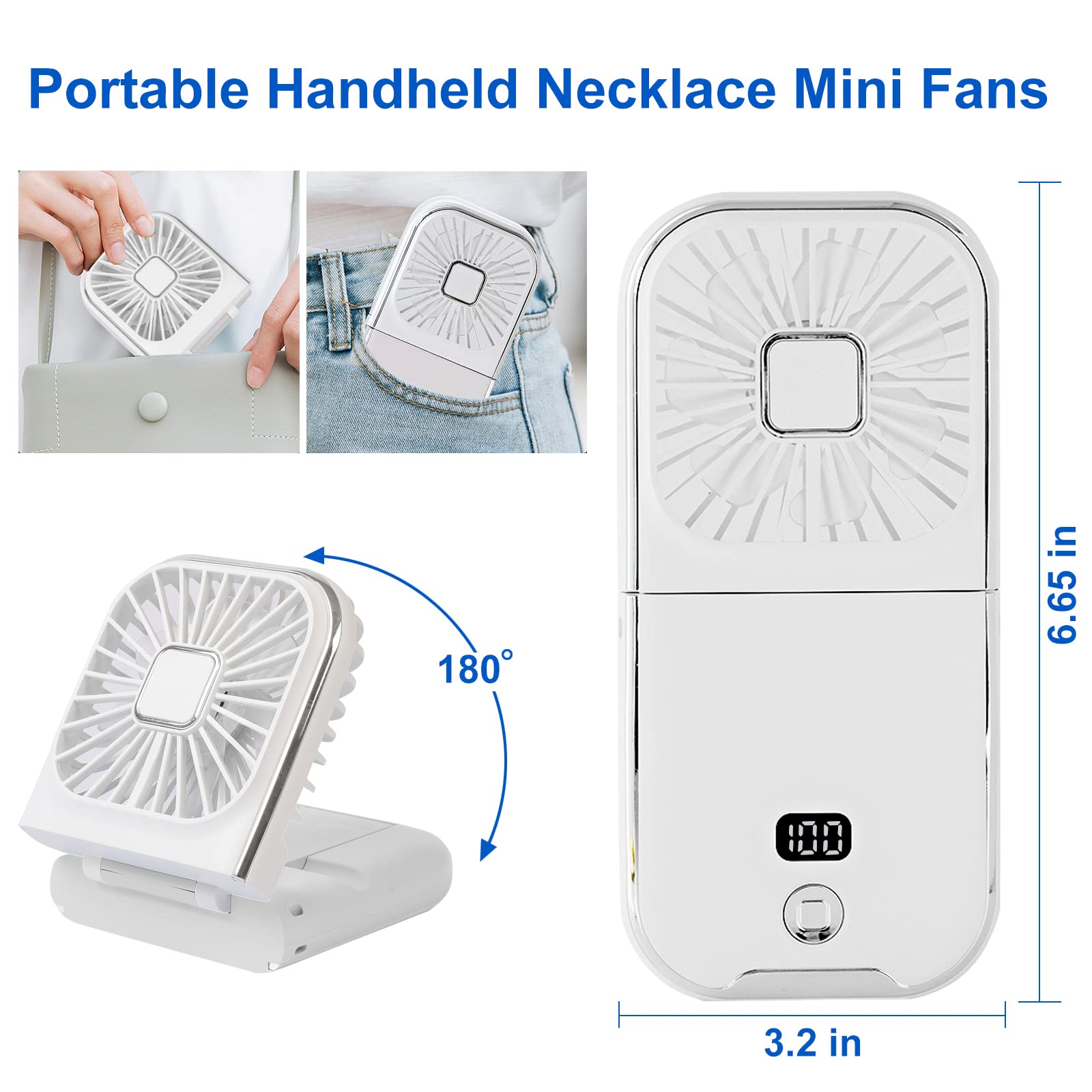Portable Digital Display Personal Handheld Fan Foldable, Mini Quiet Usb Rechargeable Necklace Fans