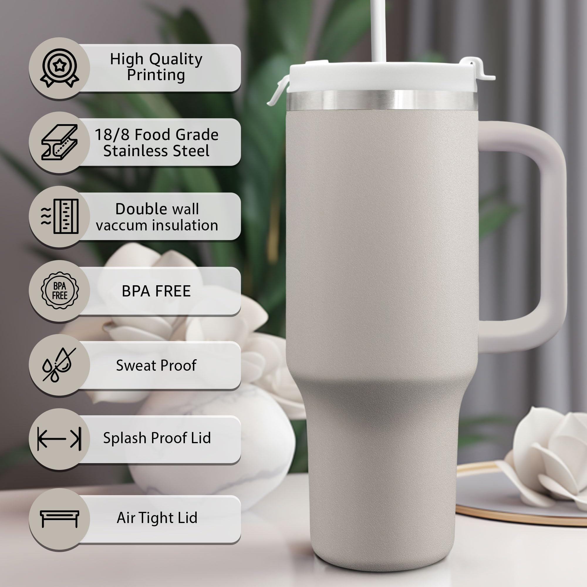 40 Oz Warm Gray Tumbler With Handle & Straw Covers Topper - Insulated Water Bottle