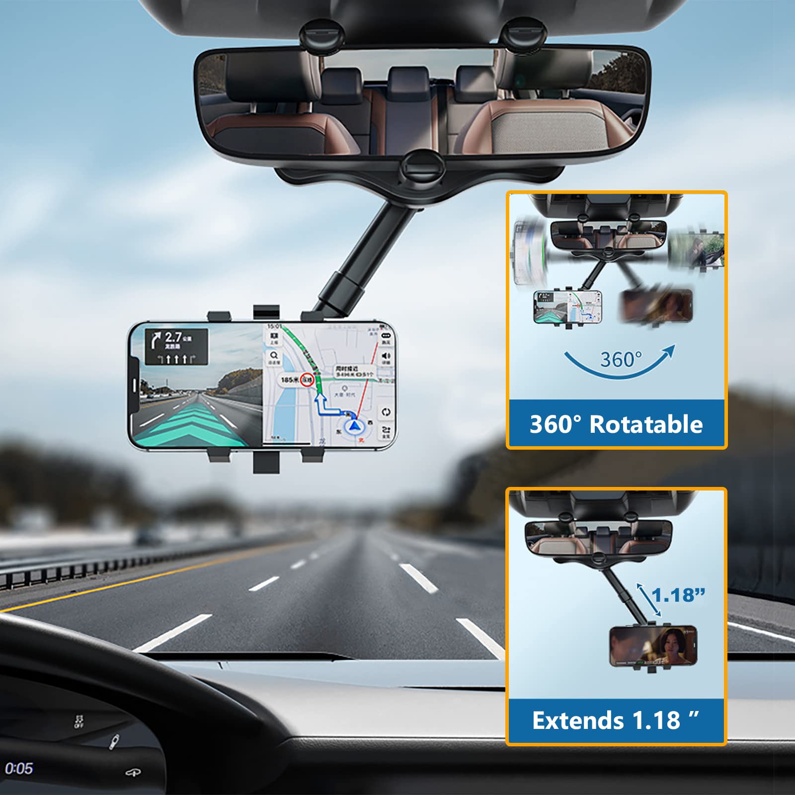 Roaestke Rotatable And Retractable Car Phone Holder, 360° Rotatable Multifunctional Universal Rearview Mirror Phone Holder For Car, Adjustable Mobile Phone Mount Frame For All Cell Phones