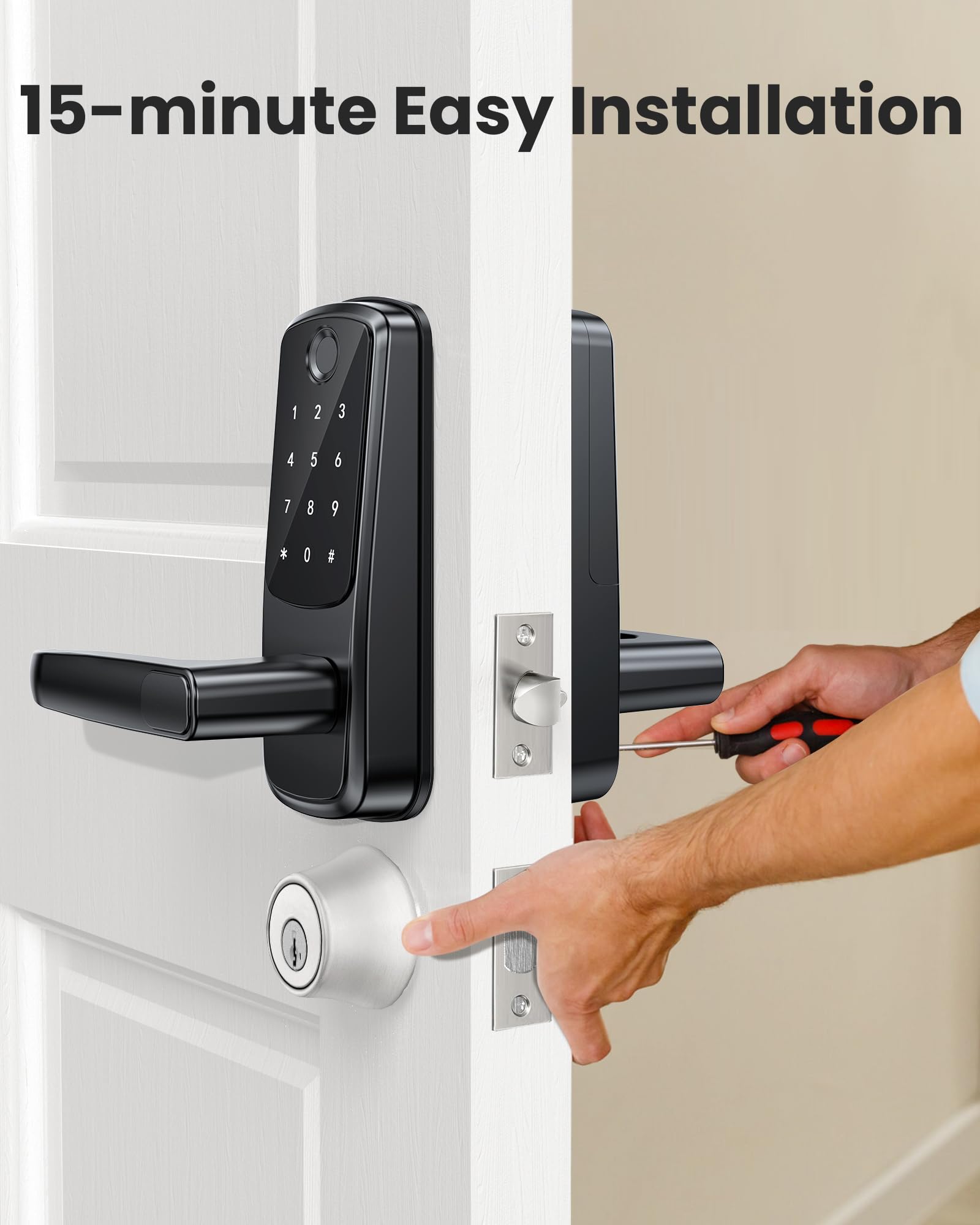 Sohoteco Keyless Entry Door Lock With Handle, Built-In Wifi Deadbolt, Smart Fingerprint Security Lock For Front Door, Support Doorbell Call And App Unlock, Easy Installation, Matte Black