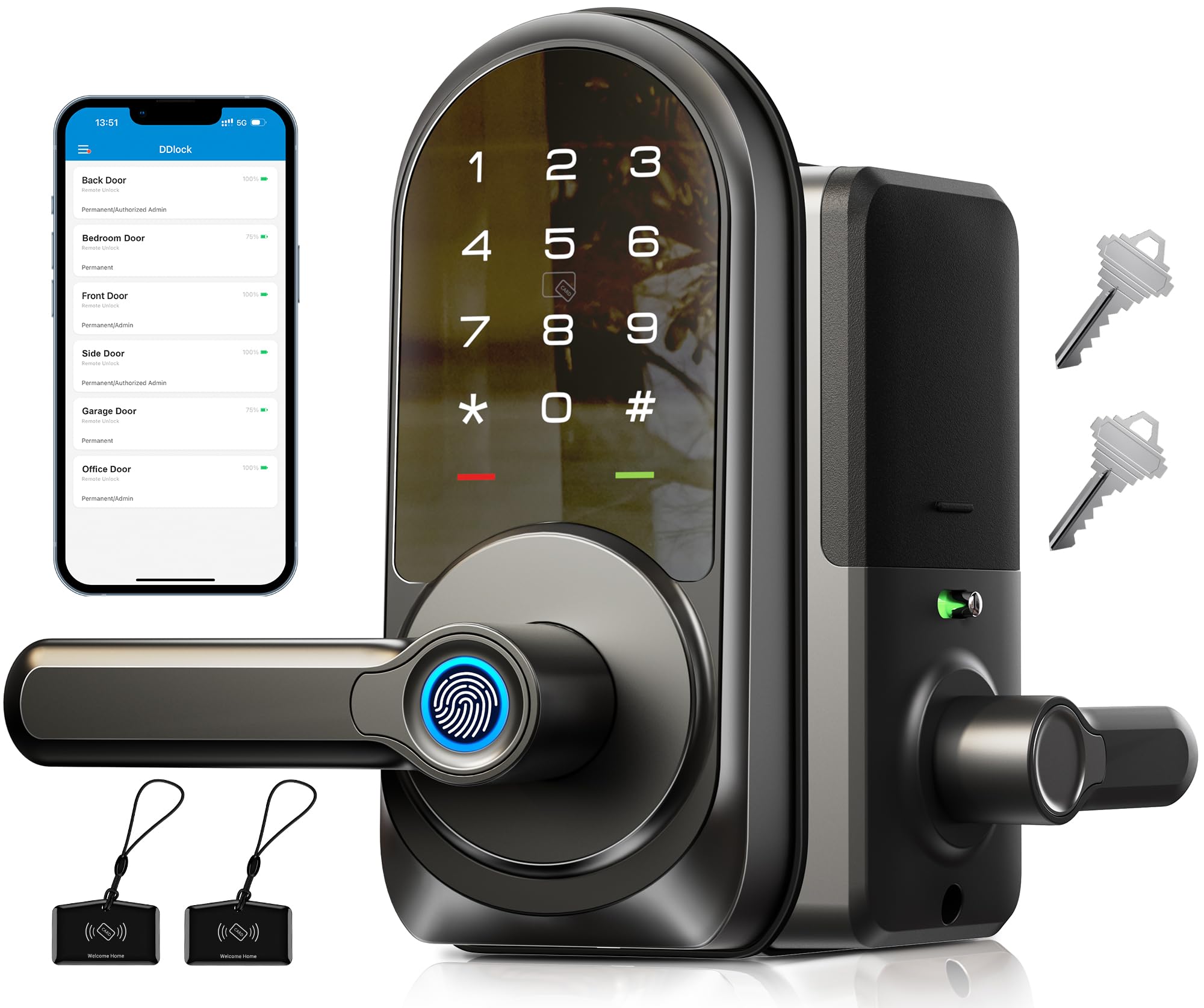 Veise Rz09 Smart Lock, 7-In-1 Keyless Entry With Handle Set, App Control Fingerprint Deadbolt For Front Door, Electronic Digital Locks With Keypad, Matte Black