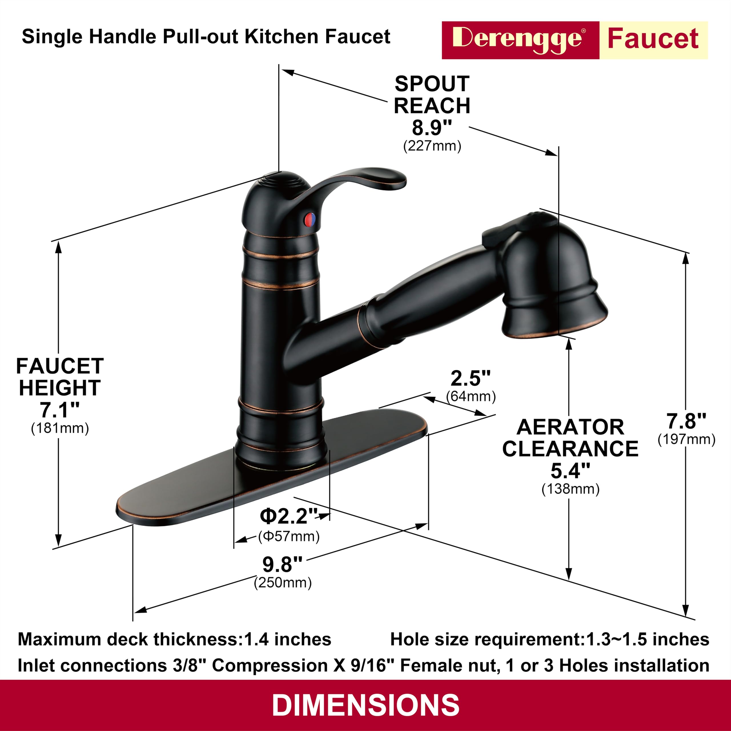 Derengge Single Handle Pull Out Kitchen Faucet,1 Hole Or 3 Hole Installation Kitchen Sink Faucet With Deck Plate, Oil Rubbed Bronze
