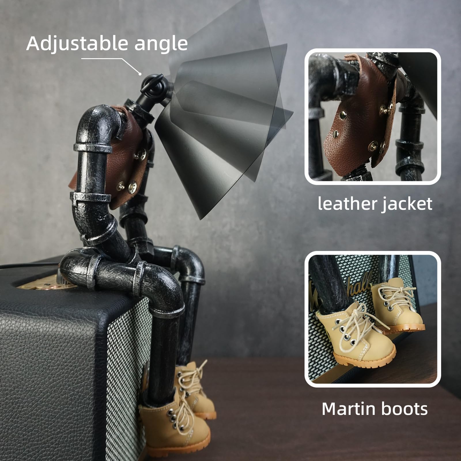 Hamoqi Steampunk Cowboy Robot Table Lamp, Boots & Vest Jacket Design With Metal Pipe Industrial Robot Lights, Adjustable Brightness Cool Desk Lamp,Unique Retro Decor & Creative Art For Men