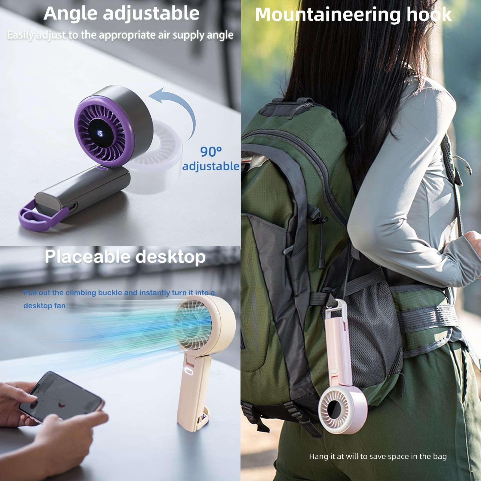 Portable Fan-3 In 1 Usb Rechargeable Handheld Mini Fan, Multifunctional Small Fans With 100 Speed