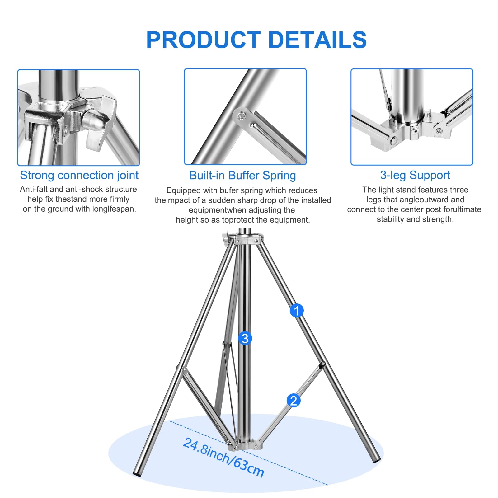 Fotols Stainless Steel Heavy Duty Photography Light Stand,9.2Ft/2.8M Air Cushioned Studio Lighting Tripod For Speedlight,Strobe,Softbox,Monolight,Reflector