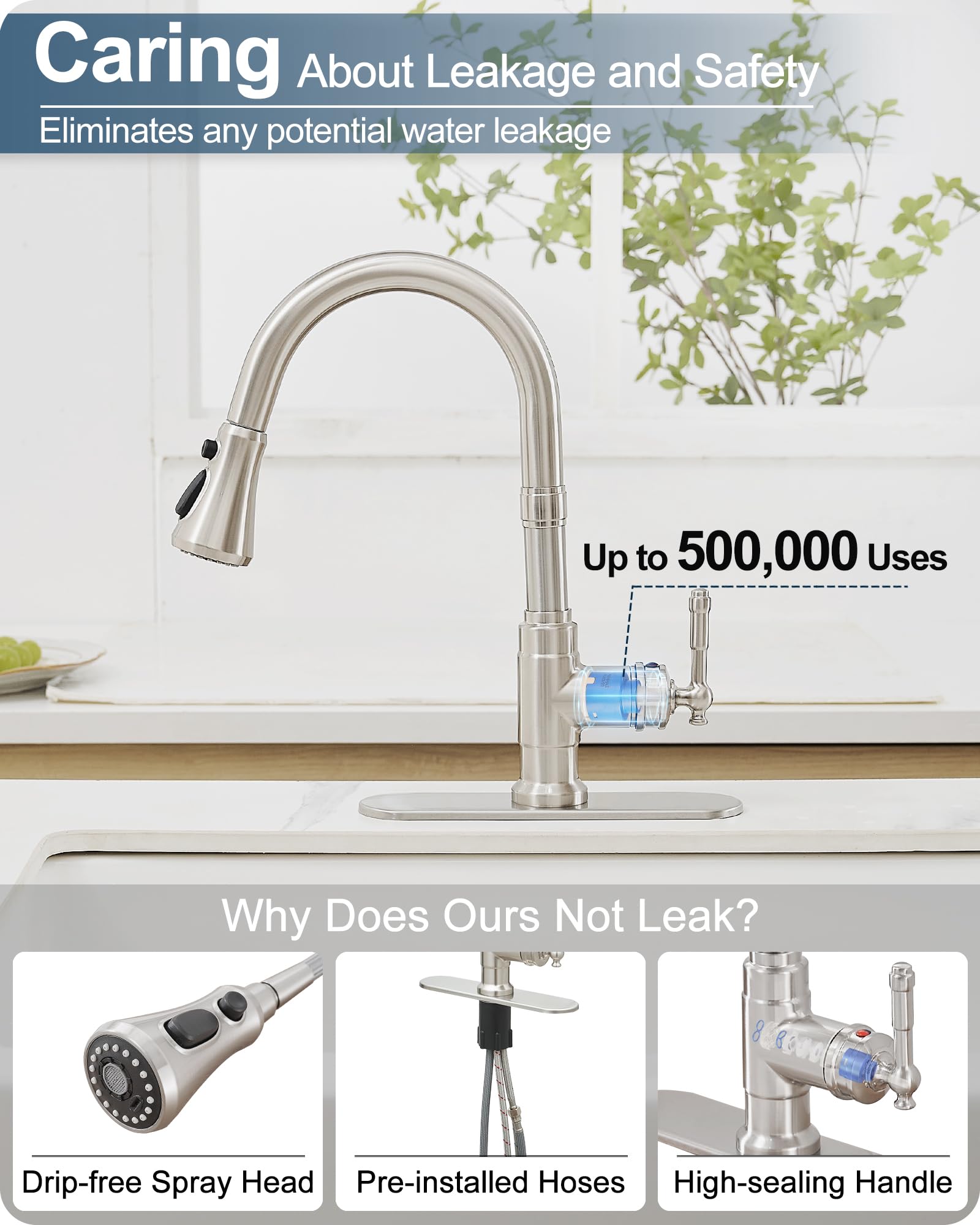 Hoigy Brushed Nickel 3-Function Pull-Down Sprayer Kitchen Faucets, 1 Or 3 Hole High Arc Classic Single Handle Kitchen Sink Faucet With Deck Plate, For Farmhouse Camper Rv Laundry Utility Room