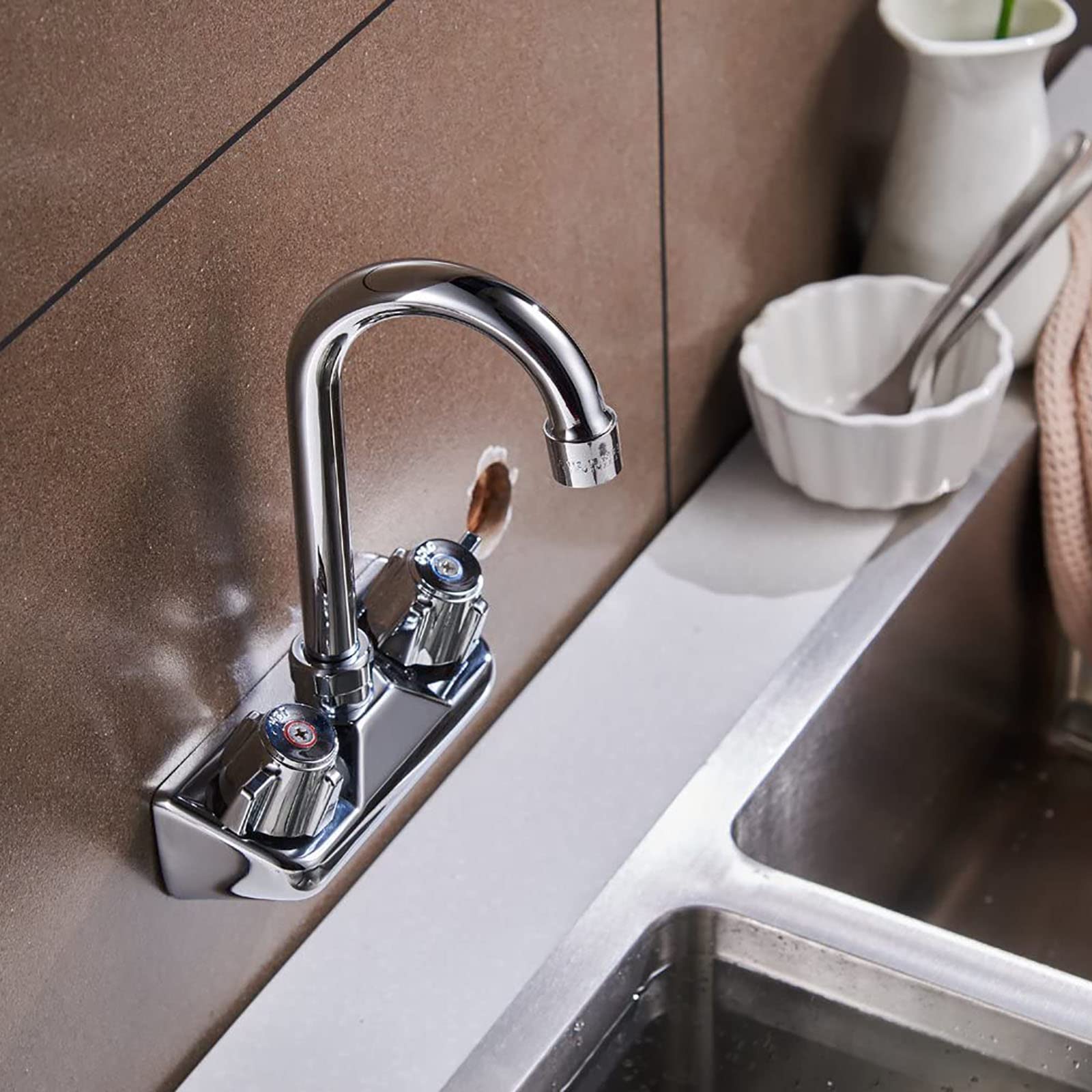 Bathfinesse Kitchen Sink Faucet Wall Mount 4" Center Commercial Kitchen Sink Faucet With 3-1/2" Gooseneck Spout Two Knob Handles Brass Constructed Mixer Tap Chrome Polished