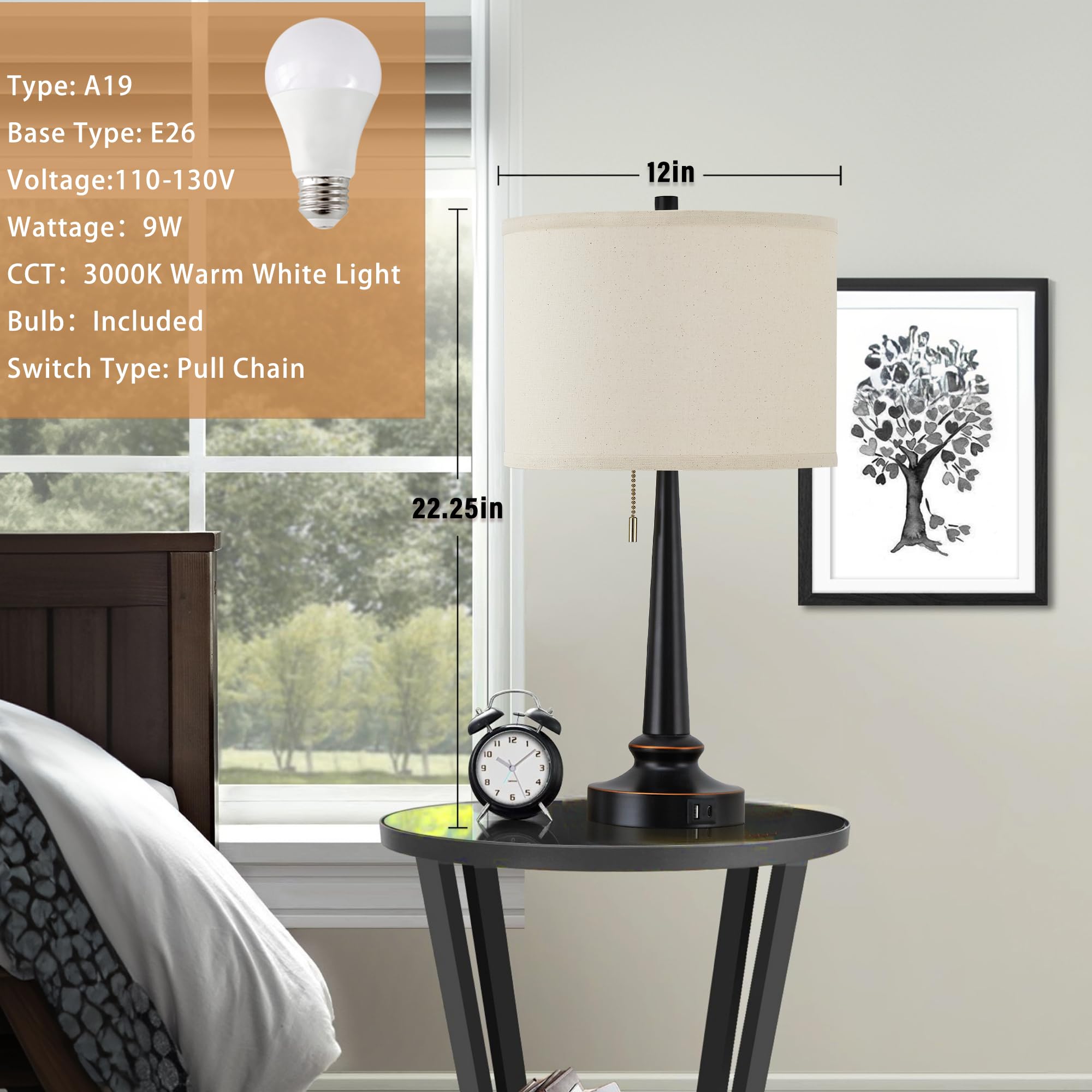 Gyrovu Table Lamp Set Of 2, Beside Lamps With Usb-C+A Nightstand Lamp With Pull Chain Swtich Modern Led Table Lamp For Living Room, Bedroom & Office-9W Led Bulbs Included(Black Set Of 2)