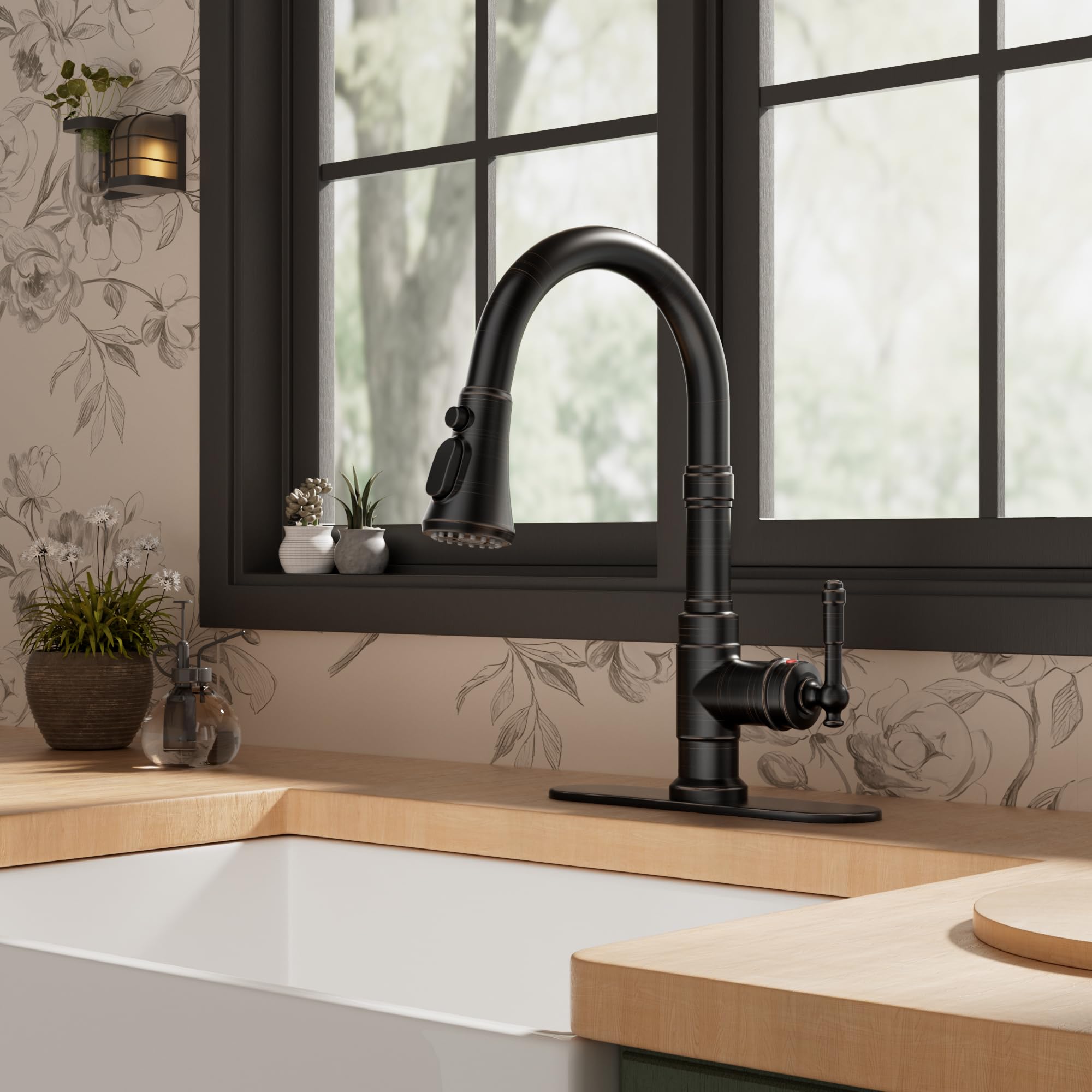 Forious Vintage Kitchen Faucets With Pull Down Sprayer, Oil Rubber Brown, High Arc Single Handle Stainless Steel Antique Pull Out Sink Faucet For Farmhouse Camper Rv Bar, Fit For 1 Or 3 Hole