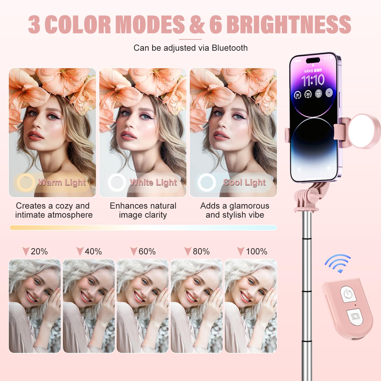 Noox Selfie Stick With Rechargable Remote And Light, Tripod For Iphone, Cell Phone Stand For Video Recording, Portable Travel Essentials Smartphone Mount Holder, Extendable Vlogging Filming Accessories