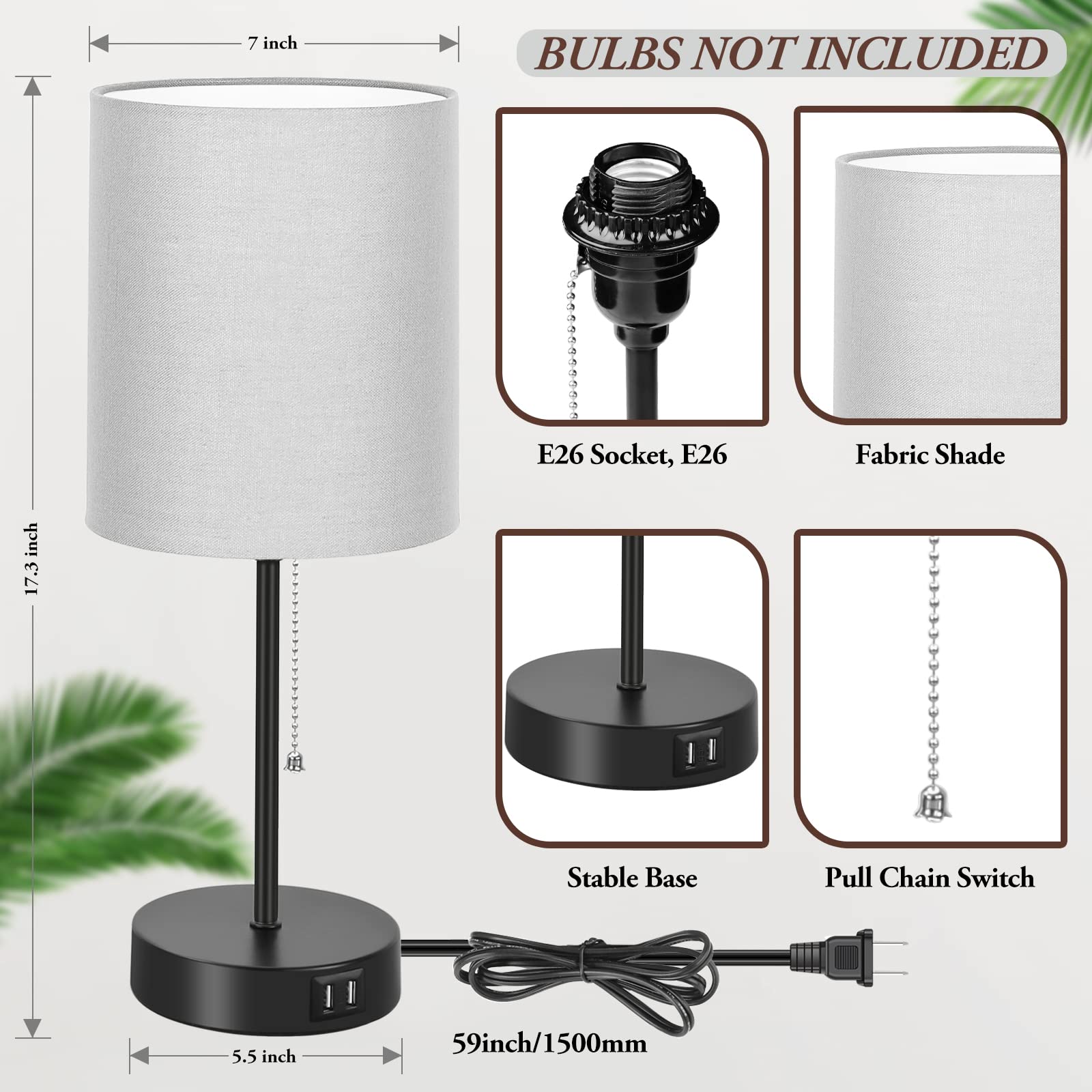 Bosceos Table Lamps Set Of 2 With Usb Charging Ports, Grey Bedside Lamps With Ac Outlet, Nightstand Lamps With Pull Chain Switch, Minimalist Modern Desk Lamps