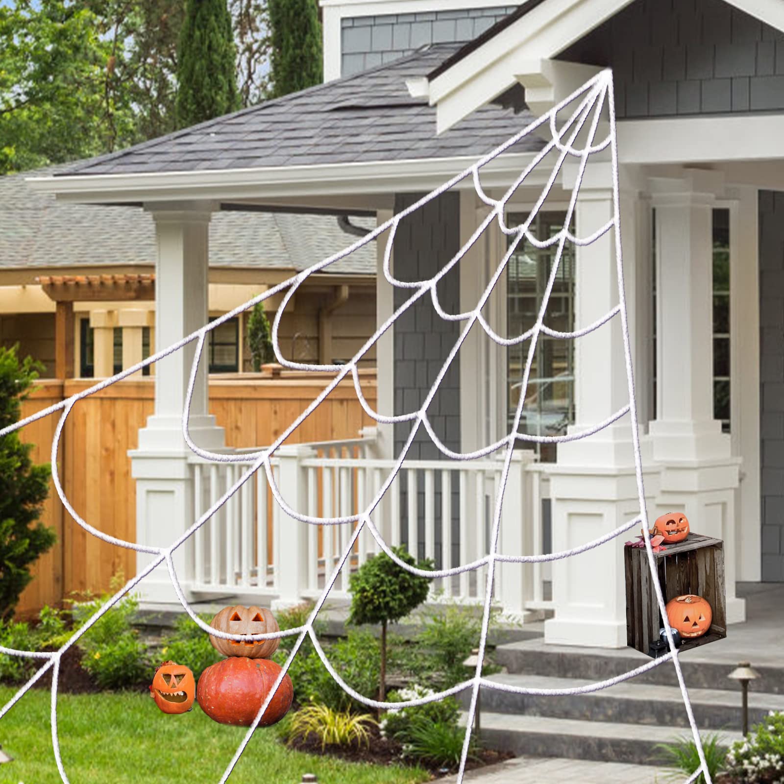 Liveasily Outdoor Solar Powered Halloween Decorations Spider Web Lights, 14.8 X 16.4 Ft Triangular White Spider Web With 135 Led Purple Lights, Large Size Solar Halloween Decor…
