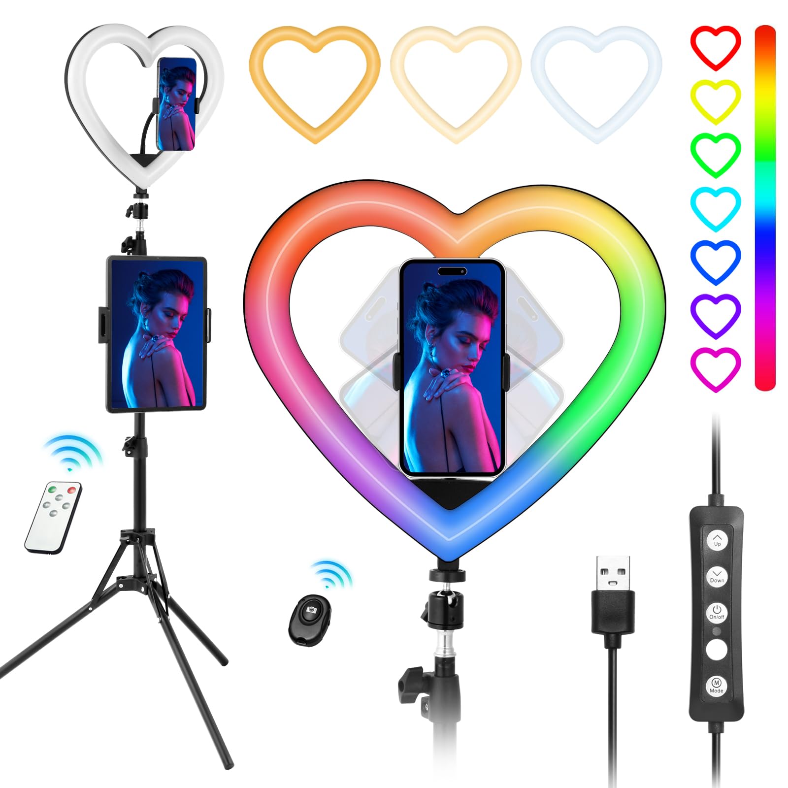 Nanbeitong Nanbeitong13'' Selfie Ring Light With 73'' Tripod Stand And Phone Holder&Ipad Holder, Rgb Ring Lights 47 Color Modes, Stepless Dimmable/Speed Led Heart Ringlight For Iphone & Android,Youtube,Makeup
