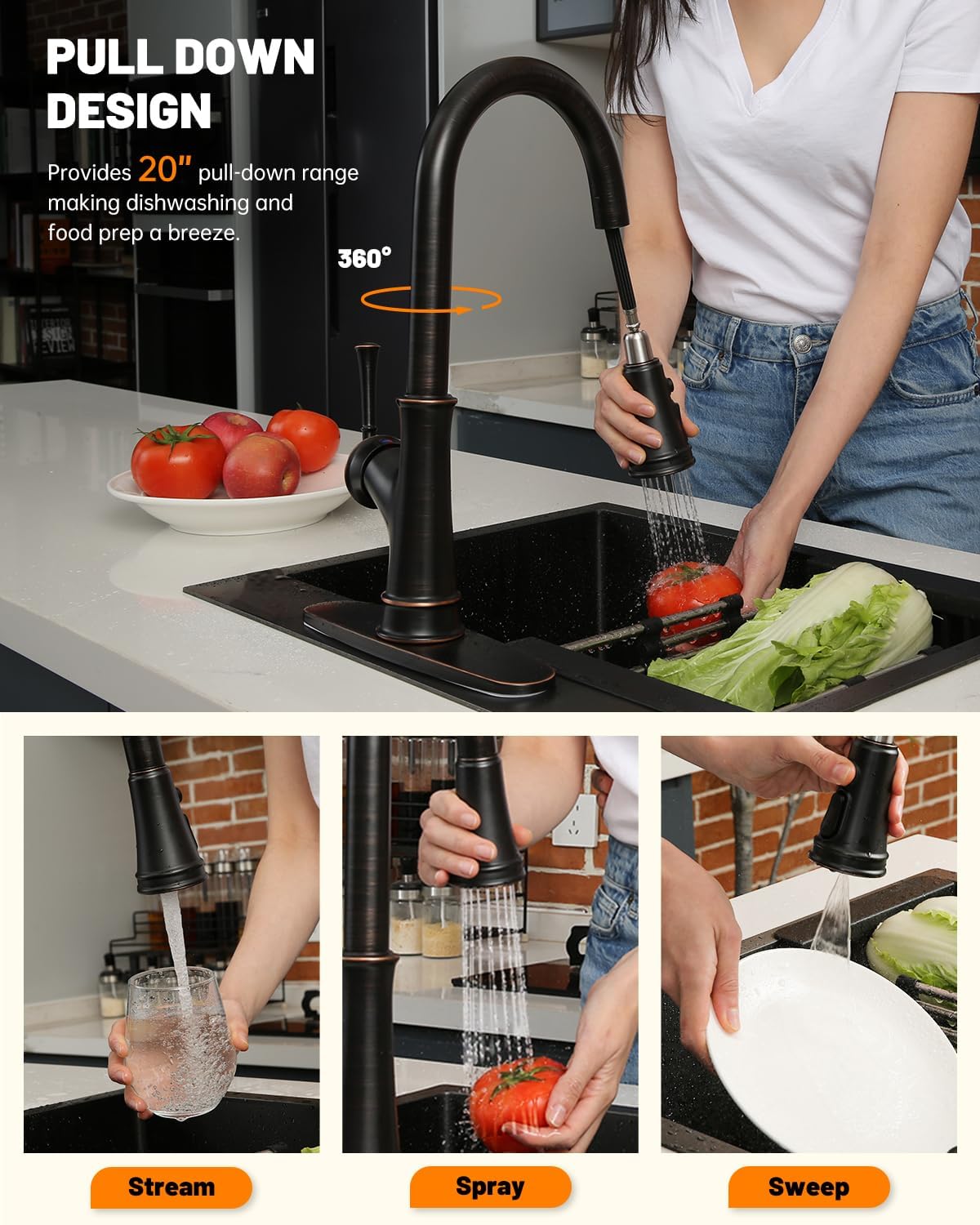 Appaso Bronze Kitchen Faucet With Pull Down Sprayer, Oil Rubbed Bronze Single-Handle High Arc Single Hole Pull Out Kitchen Sink Faucets With Escutcheon (Patented Design)