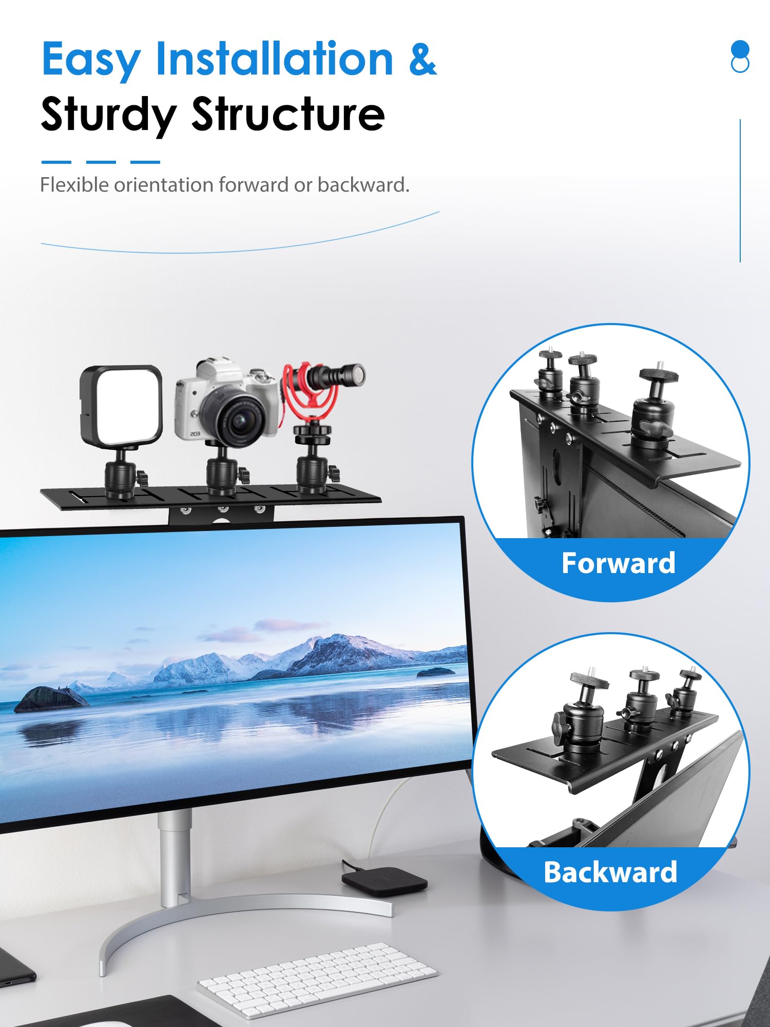 Borenbuir Dslr Monitor Top Shelf With 3 Ballhead For Vesa Arm, Camera Mount Clamp For Light, Webcam, Microphones, Height Adjustable, For Live Stream, Video Conferencing, Youtube, Tiktok
