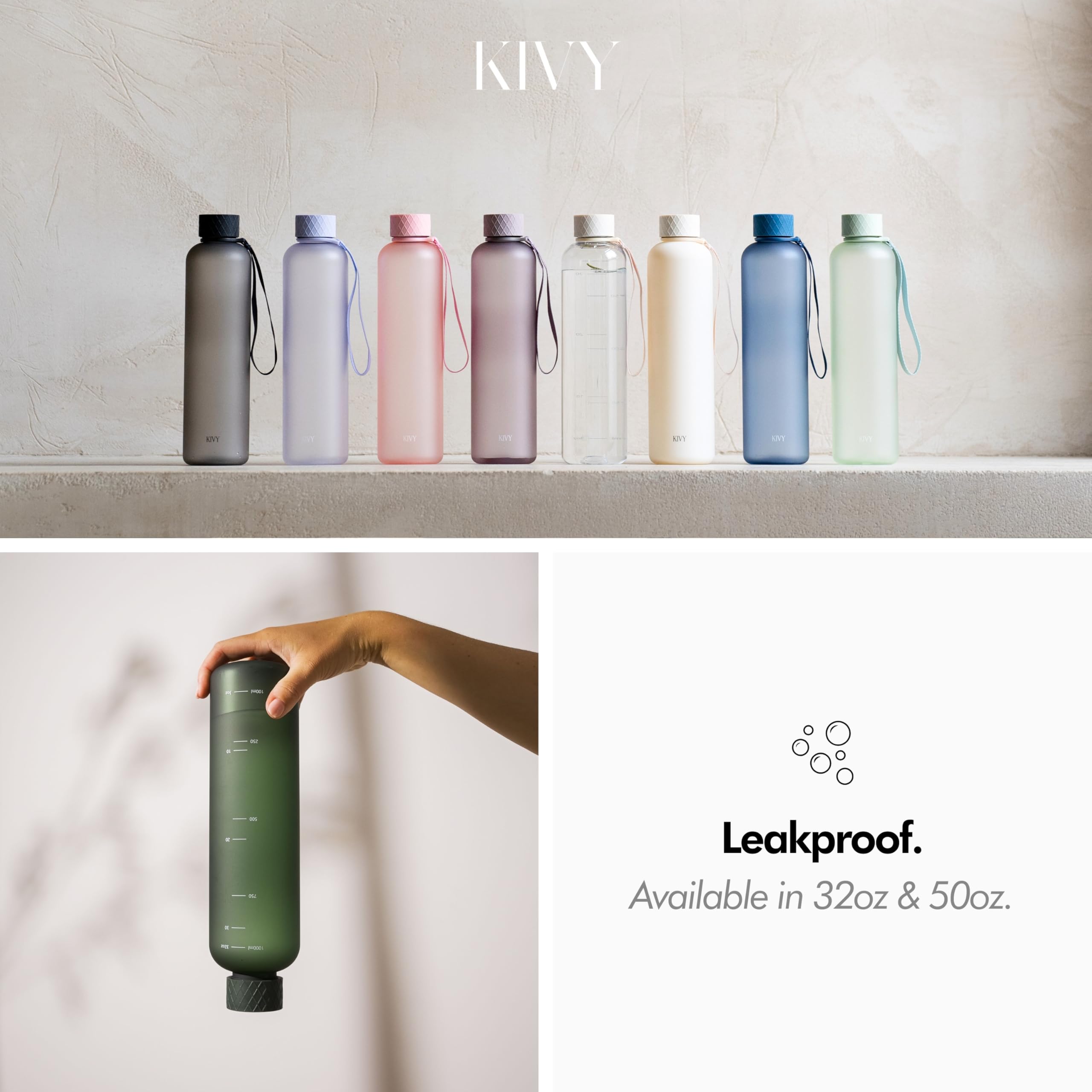 Kivy Slim Water Bottle 32Oz [Lightweight & Shatterproof] Fits Backpack & Cupholder For Travel