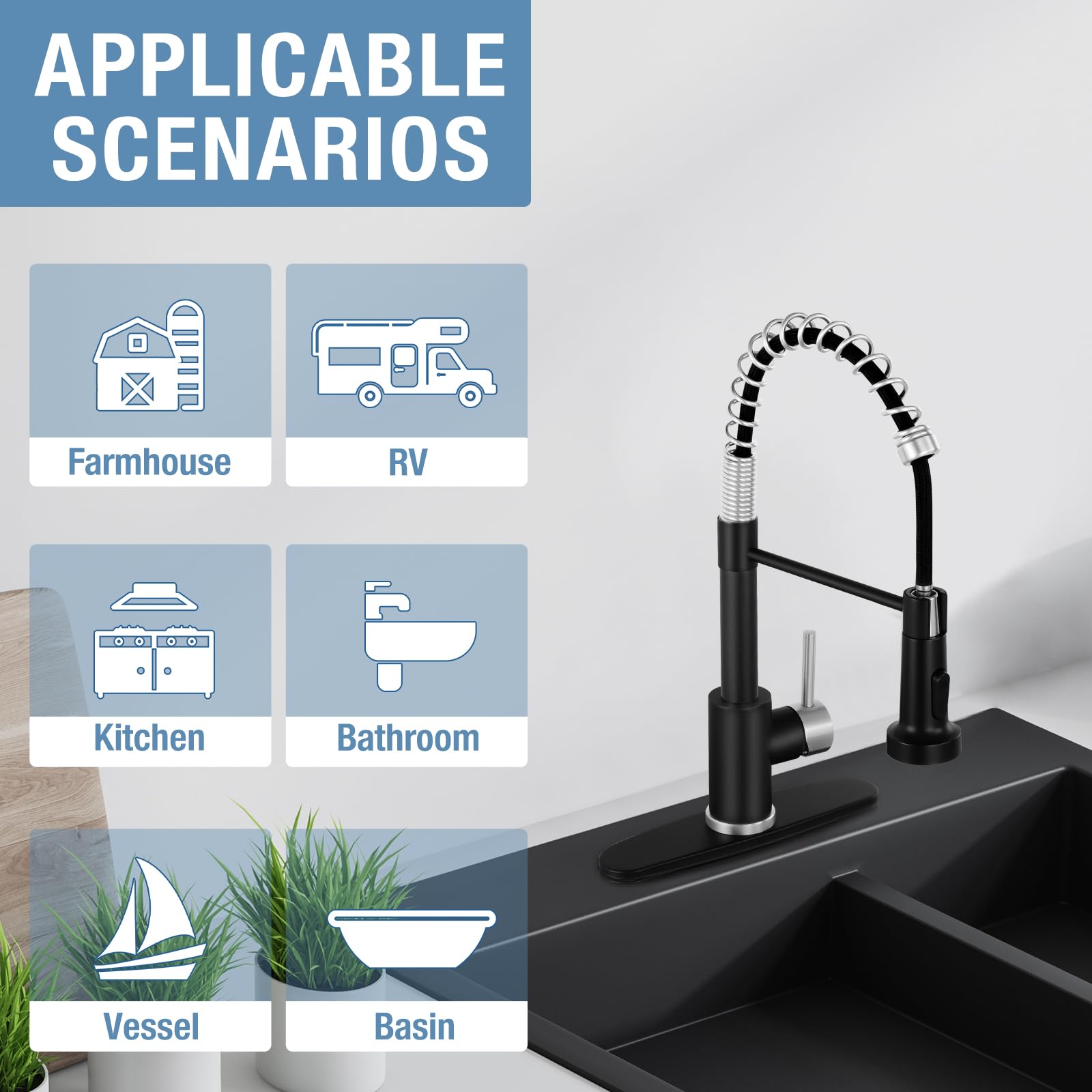 Djs Kitchen Faucets With Pull Down Sprayer Matte Black & Brushed Nickel - Single Handle 1 Or 3 Holes Spring Kitchen Sink Faucet With Deck Plate For Farmhouse Rv Vessel Basin
