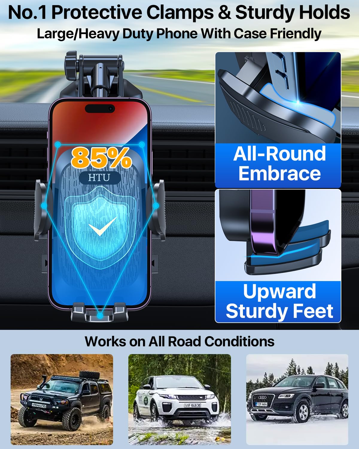 Htu Phone Holders For Your Car [88 Lbs Super Heavy Duty] Suction Cup Phone Holder Windshield/Dashboard/Window, Universal Car Phone Holder Mount, Compatible With Iphone, Samsung & Other Cellphone,Black