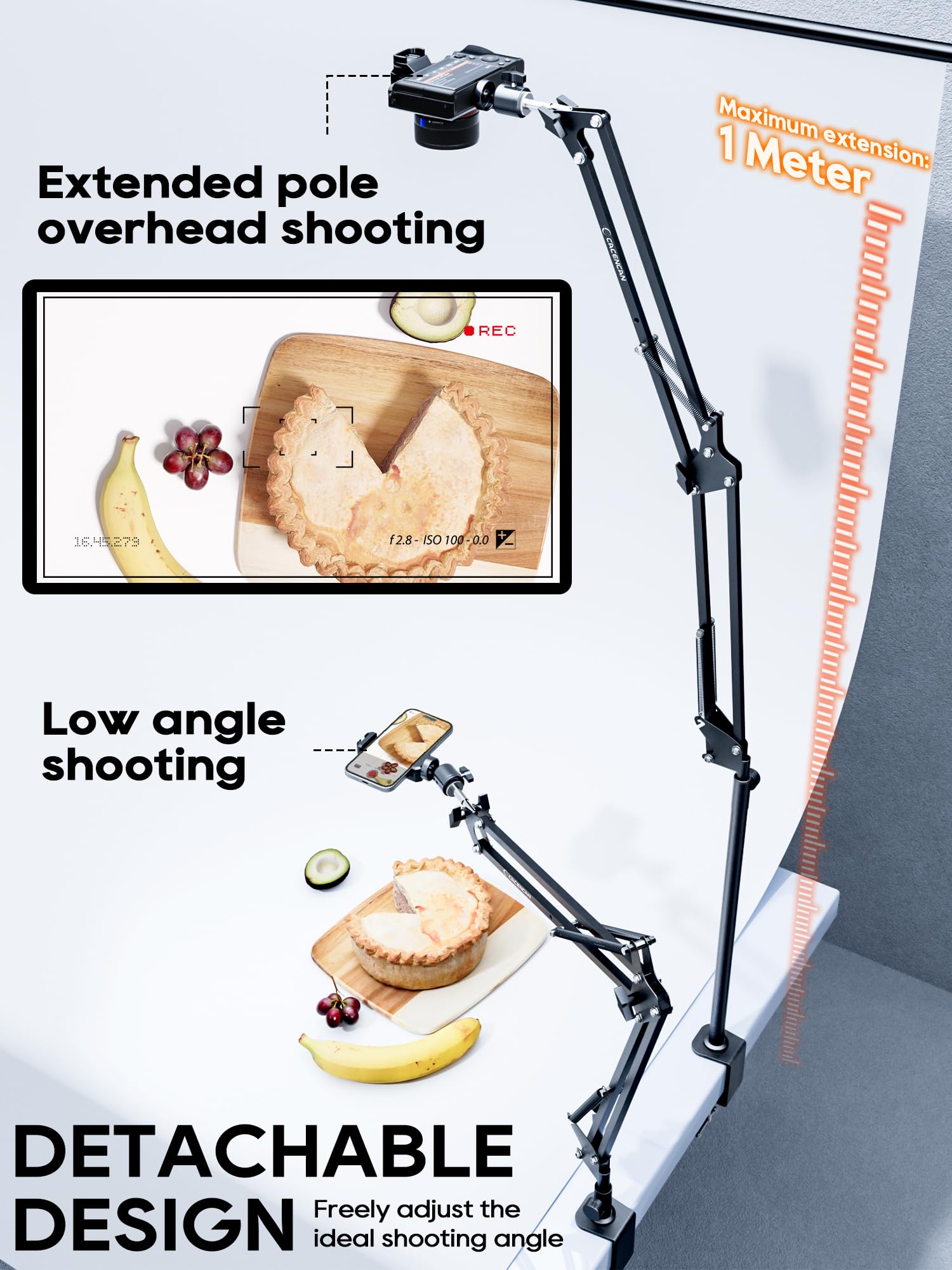 Cacencan Overhead Camera Mount, 5Lb Horizontal Load-Bearing, 360° Adjustable Stand For Desk, Flexible With Phone Clamp, Tabletop Mount For Dslr Camera/Webcam/Microphone