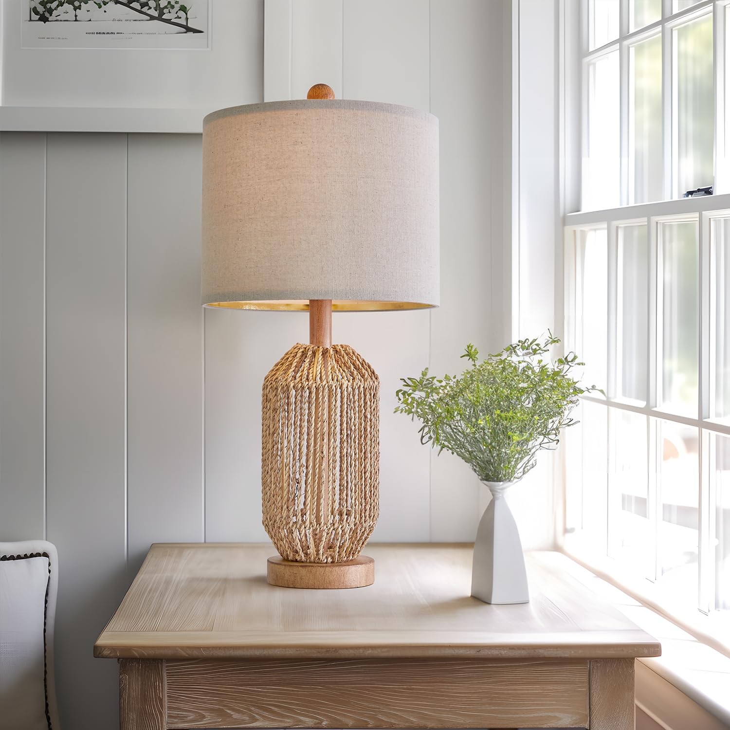 Oyears 21" Boho Table Lamp For Living Room, Bedside Lamp For Nightstands, Rattan Lamp For Bedroom, Farmhouse Table Lamp For Room Decor, End Table, Retro, Brown, 1 Pack