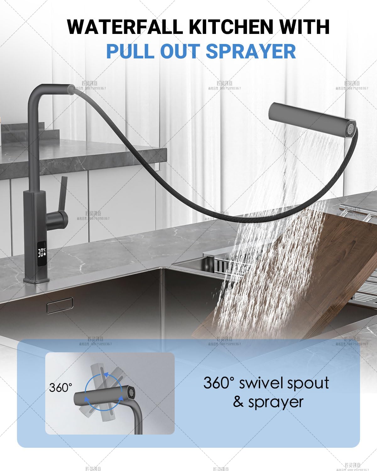 Xianpioo Waterfall Kitchen Pull Down Faucet With Temperature Display In Celsius(Batteries-), Matte Grey Stainless Steel Widespread Kitchen Faucet, 4 Function Sprayer & 360 Swivel Spout For Kitchen Rv Bar