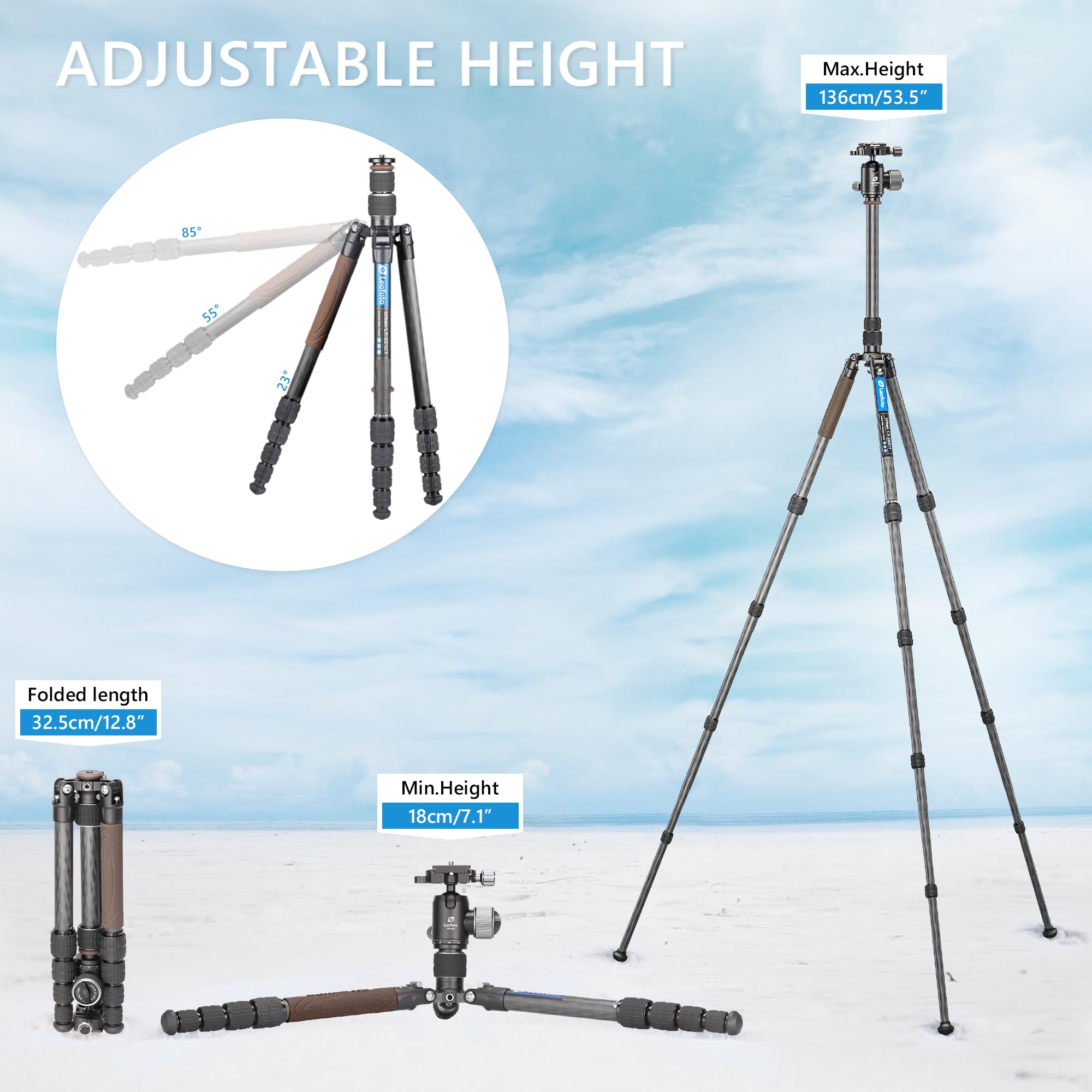 Leofoto Lightweight Carbon Fiber Reversible Folding Travel Tripod With Ball Head, Removable Center Column, Folded Height 36Cm, Maximum Load 6Kg（Lx-225Ct+Xb-32Q）