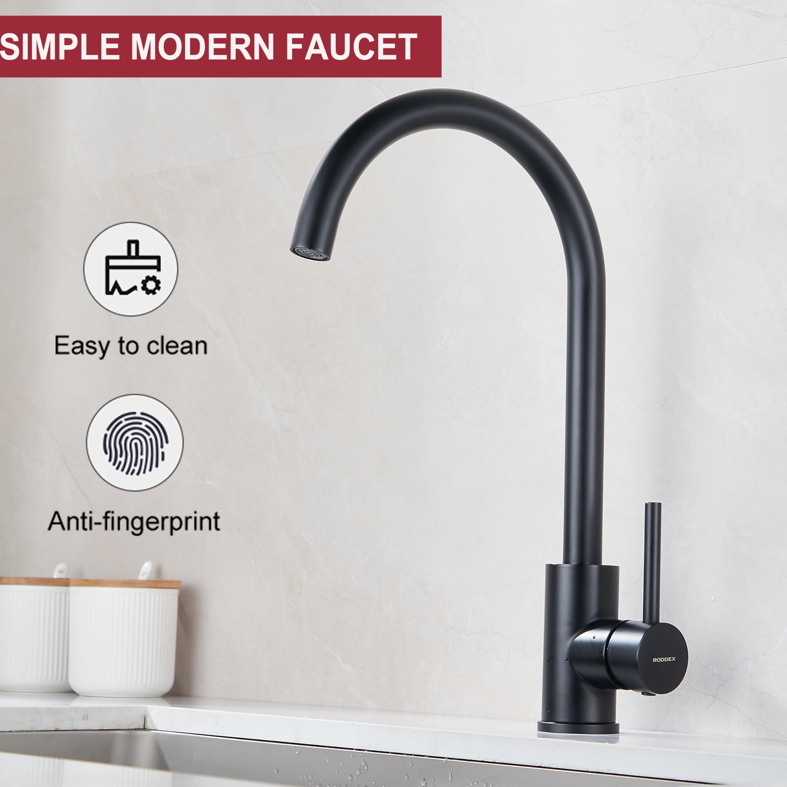 Roddex Bar Sink Faucet, Swivel One Handle Prep Bar Faucet Modern Stainless Steel High Arc Kitchen Faucets Single Hole Tall Faucets Rv Camper Laundry Outdoor Farmhouse Dishwasher, Matte Black