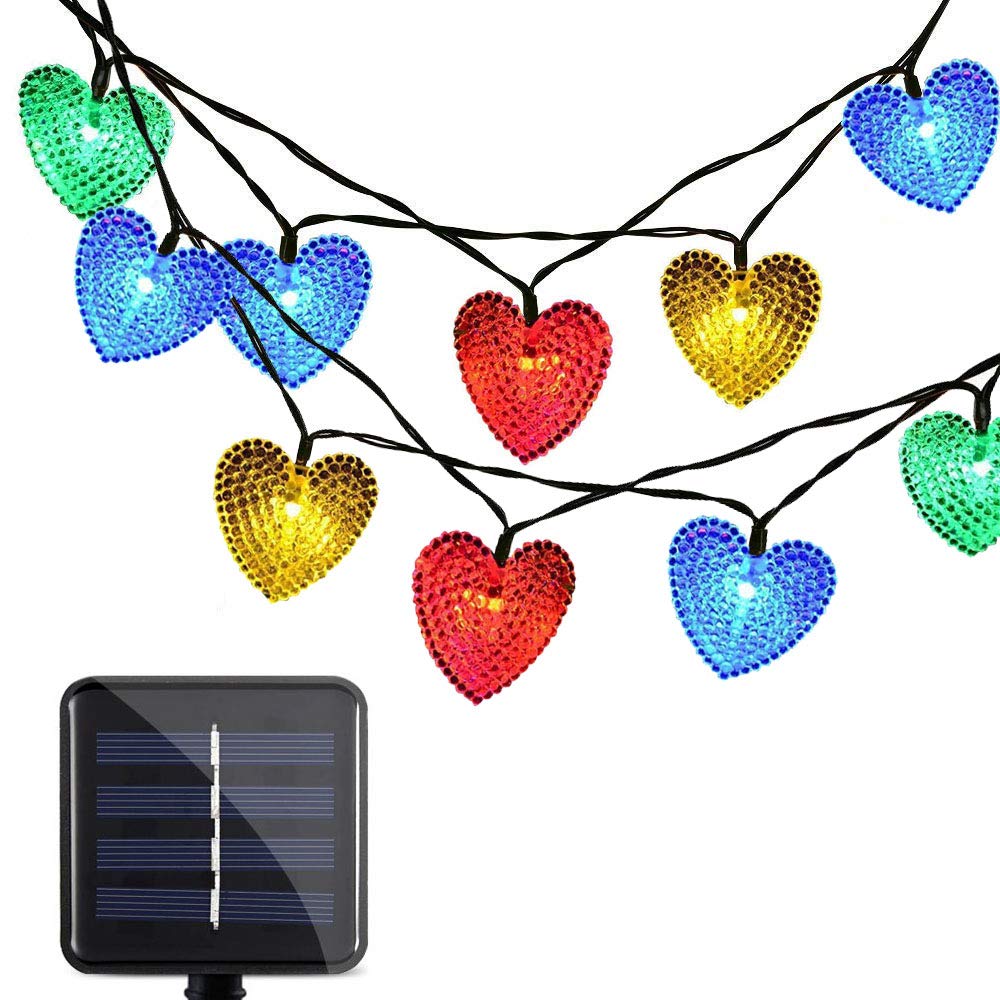 Lafeina Solar Powered String Lights, 20Ft 30 Led Solar Heart-Shaped String Lights Waterproof Ambiance Lighting For Indoor Outdoor Patio Garden Home Christmas Wedding Party Decoration (Multi)