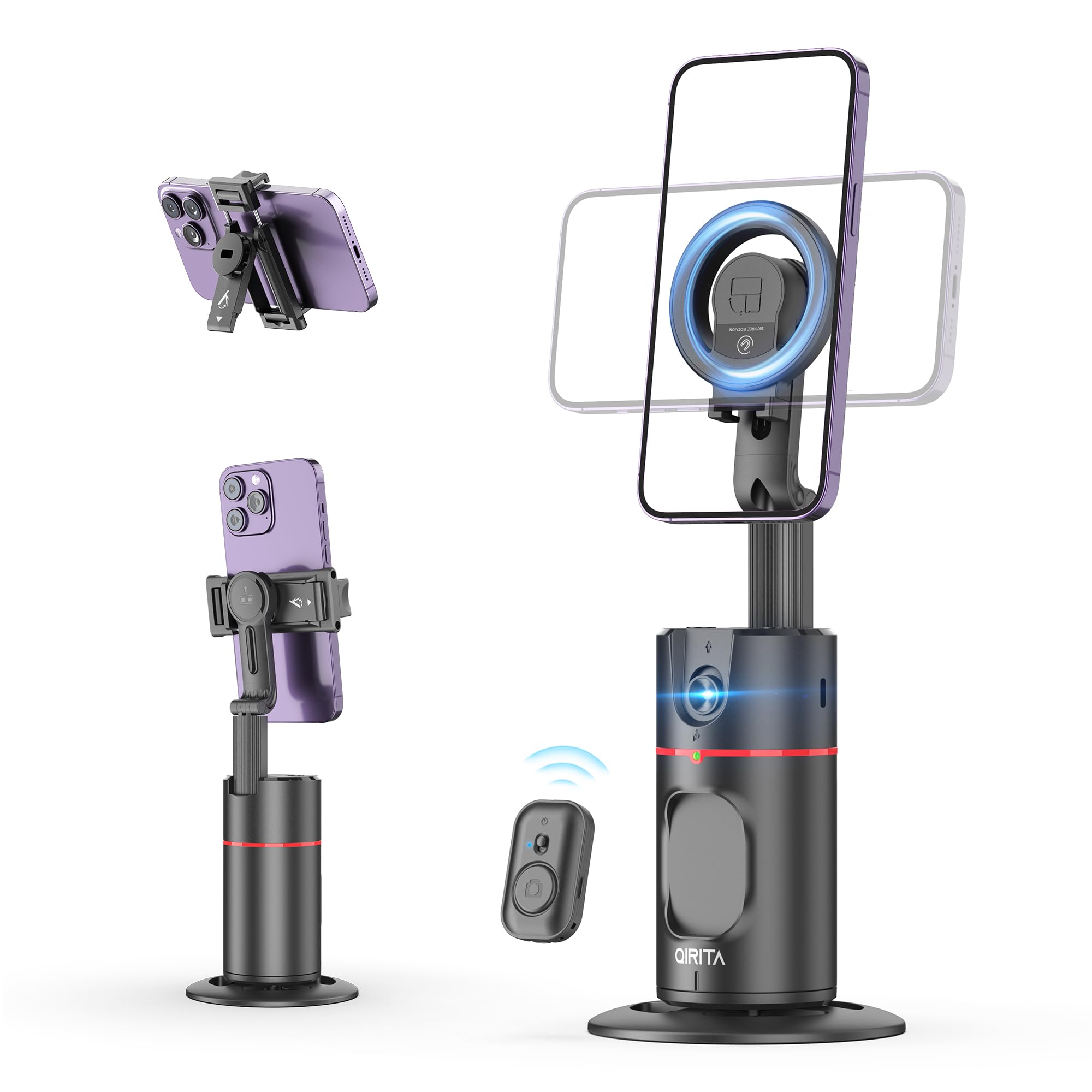 Qirita Auto Face Tracking Phone Holder, Magnetic Face Tracking Tripod 360 Rotation With Stand & Remote, Face Body Phone Tracking Tripod, No App, Smart Shooting Camera Mount For Live Video Recording Tiktok