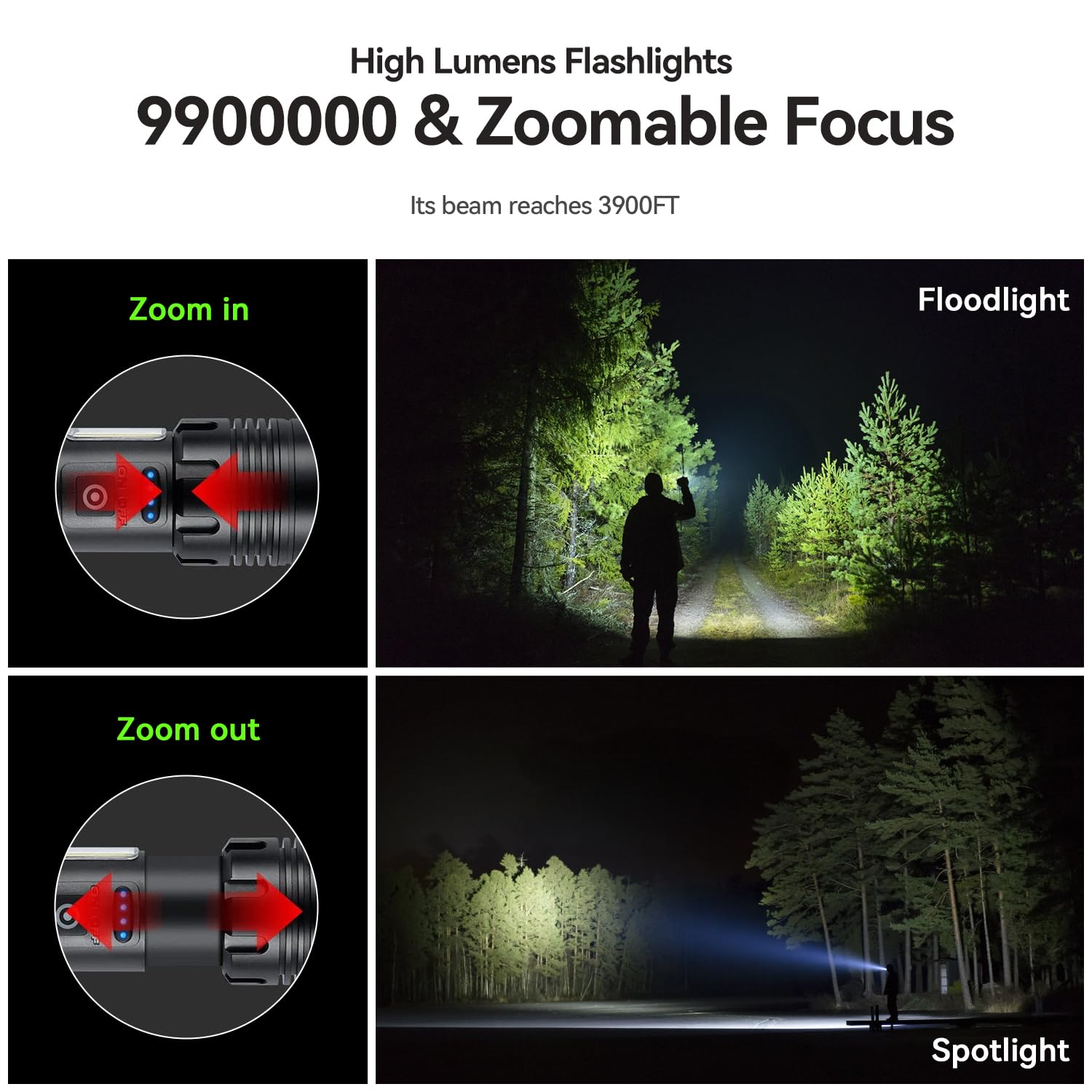 Wohingo Led Rechargeable Torch, 990000 Lumens Flashlight With Cob Side Light,7 Lighting Modes,Adjustable Focus,5000Mah,Ipx7 Waterproof, For Camping,Hiking,Dog Walking,Home,Emergency