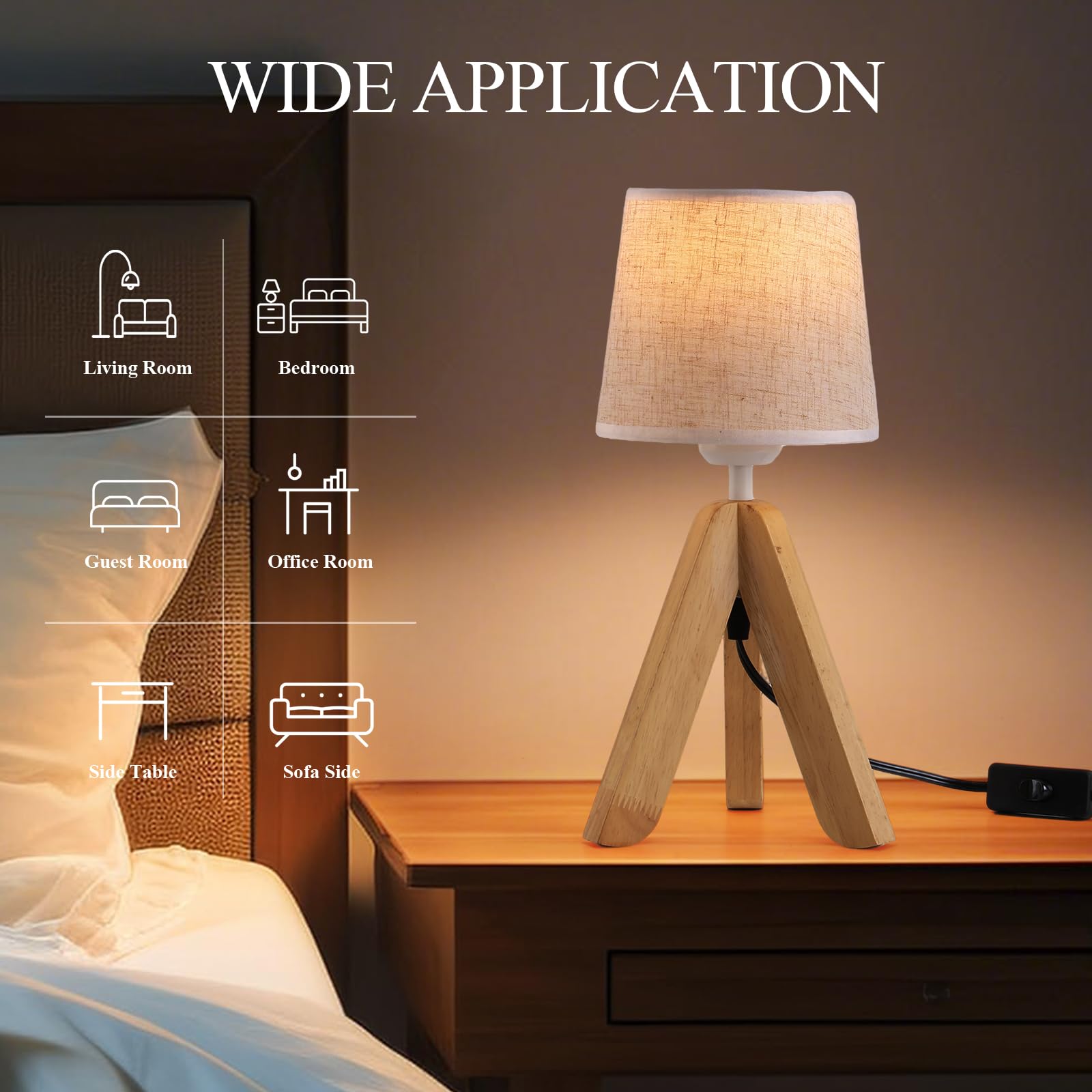 Cmhsytke Tripod Table Lamp, Wooden Base Small Lamp, Small Bedside Lamp With Fabric Lampshade, E26 Socket Nightstand Lamp For Nursery, Bedroom, Kid Room, Living Room, Office Decor