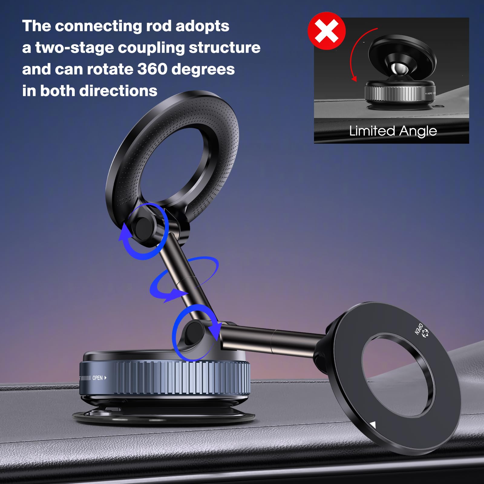 Lunturn 360° Rotatable Vacuum Magnetic Phone Holder, Foldable And Retractable Suction Cup Car Phone Mount For Car/Gym/Mirror/Smooth Surface, Compatible With Iphone Android And All Smartphones (Black)