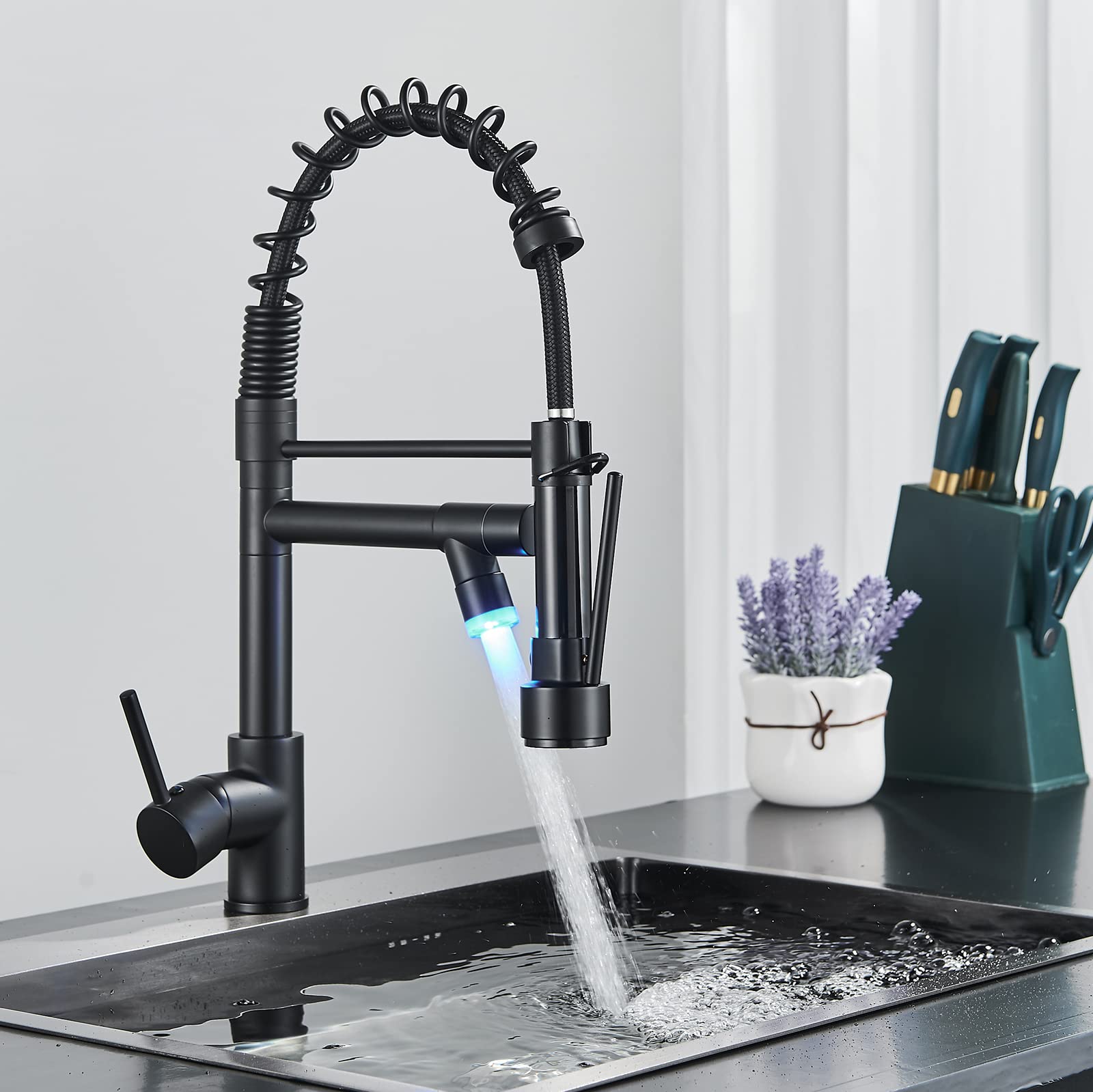 Neierthodore Kitchen Faucet With Led,Stainless Steel Single Handle Single Hole Kitchen Sink Faucet With Pull Down Sprayer,Spring Matte Black Kitchen Faucets