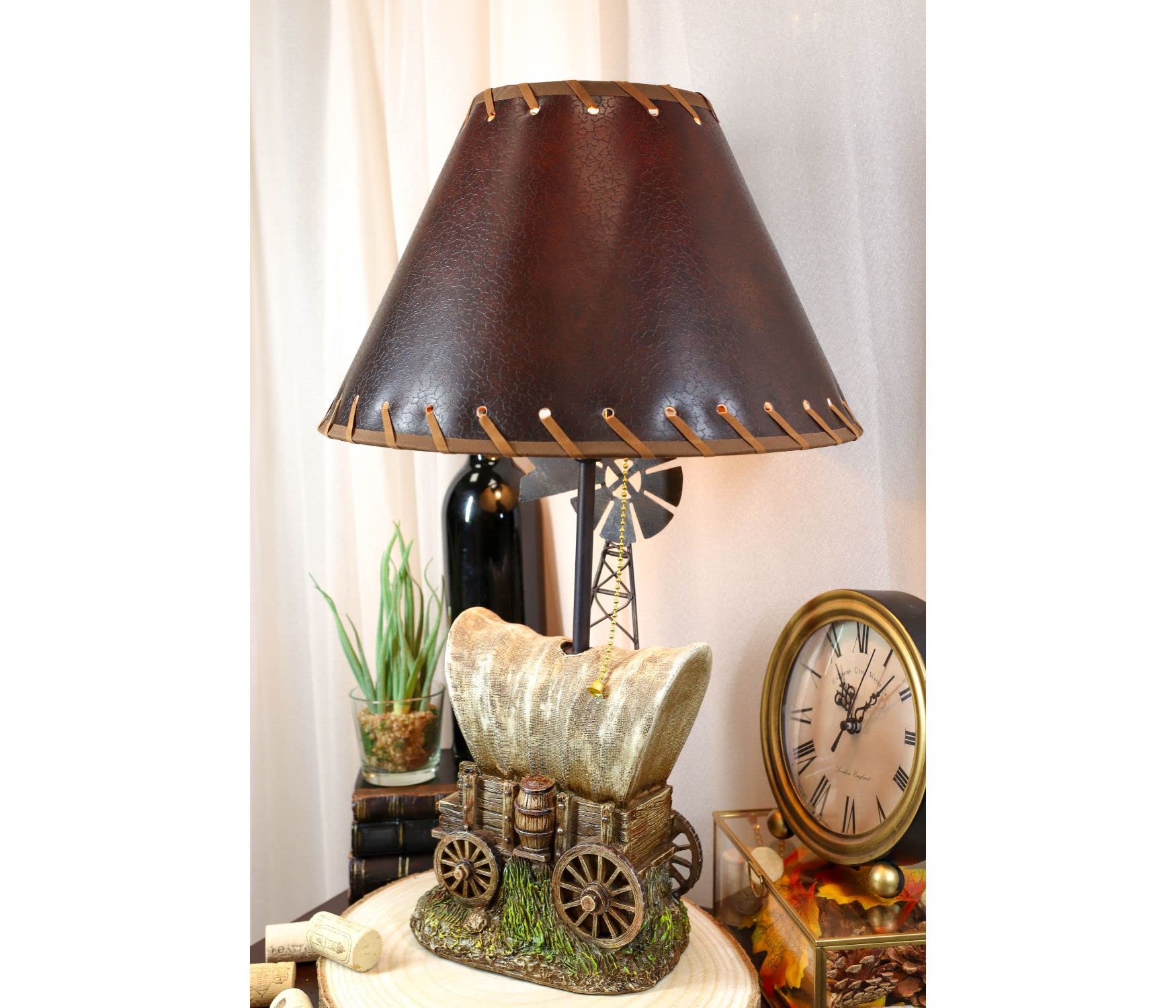 Ebros Gift Country Western Rustic Old Fashioned Covered Cargo Carriage Wagon Train With Farm Windmill Hand Painted Resin Desktop Table Lamp With Brown Faux Leather Laced Shade Home Decor Accent
