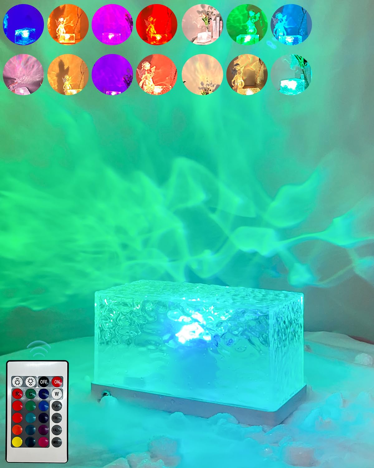 Kiandqu Rotating Water Wave Lamp Projector,Ocean Wave Light Projector,Crystal Night Light Lamp Touch Control,16 Colors Rgb Lights For Gaming Room,Kids Room,Party,Bars …