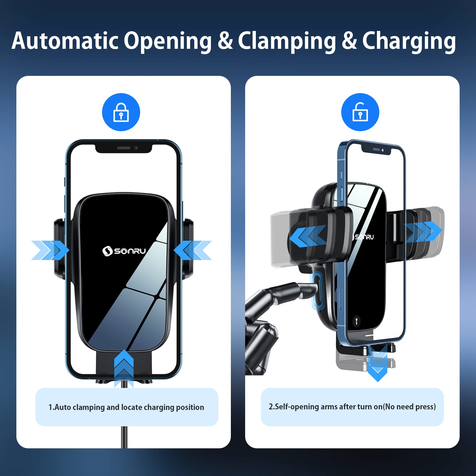 Sonru Wireless Car Charger Mount, 15W Fast Charging Auto-Clamping Car Phone Holder, Windshield Dashboard Air Vent Cell Phone Holder For Iphone 16/15/14/13/12 Pro Plus Max Xs Xr, Samsung Galaxy Google Lg Etc