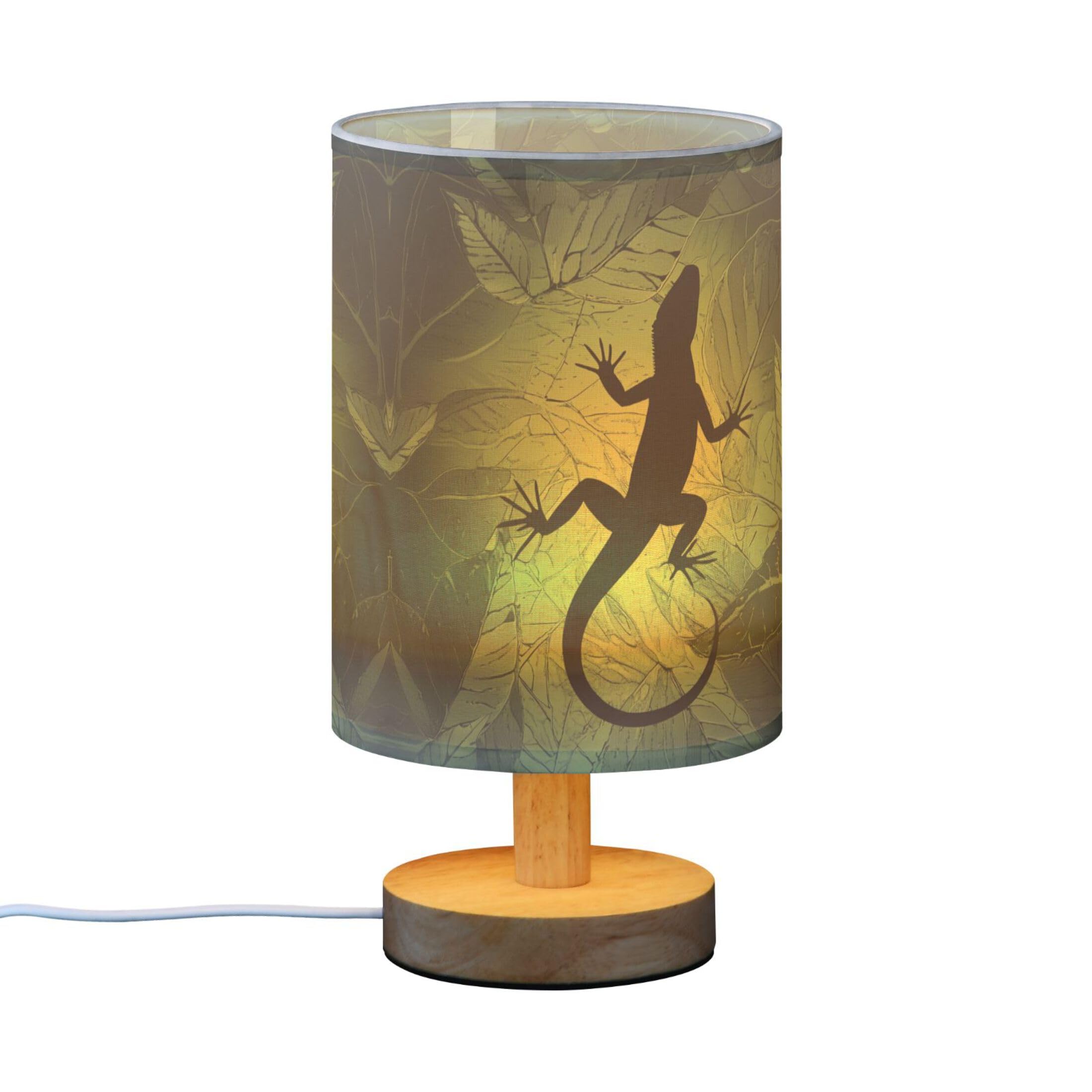 Yyzzh Table Lamp Chameleon Lizard Gecko Shape On Green Leaf Nightstand Lamp With Wood Base Fabric Lamp Shade Bedside Desk Lamp For Living Room Bedroom Kids Room Office