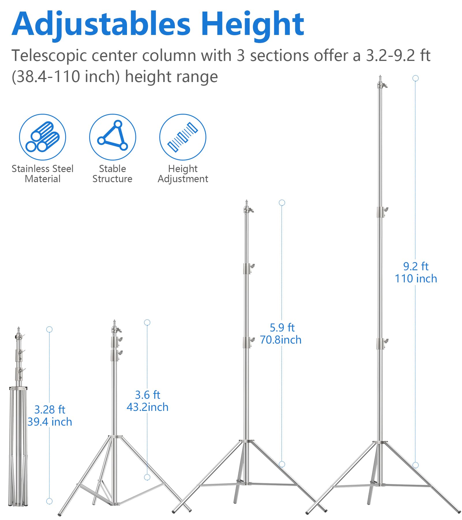Sdfghj 2 Pack 9.2Ft/110'' Stainless Steel Light Stand, Heavy Duty Photography Light Stand Tripod With 1/4'' To 3/8'' Screw Adapter For Strobe Flash, Led Ring Light, Monolight, Softbox, Speedlight