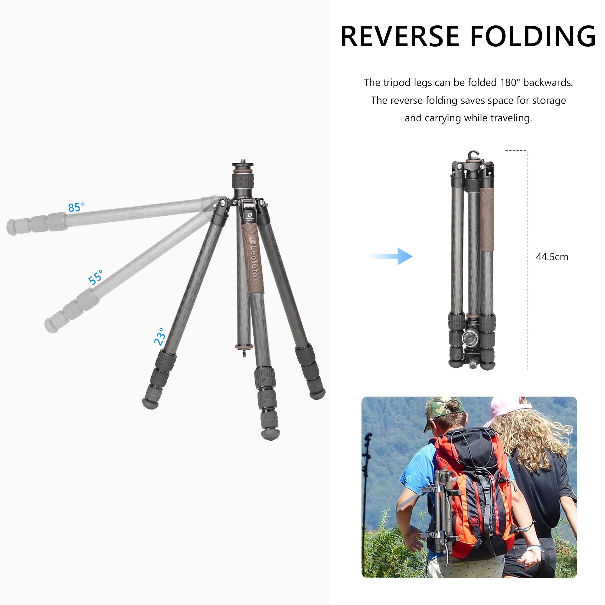 Leofoto Portable Reversible Travel Tripod, Carbon Fiber Camera Tripod With Ball Head, With 360° Detachable Center Column, Folded Length 485Mm, Max Load 15Kg (Lx-324Ct+Xb-38)