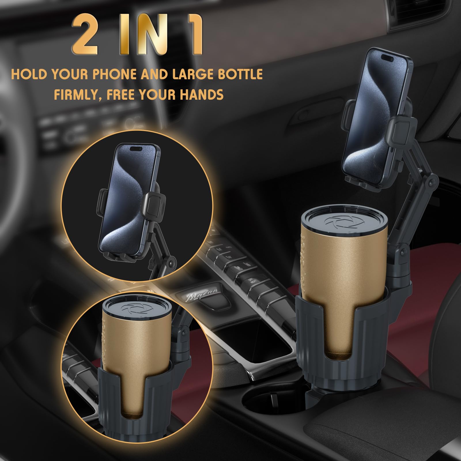 Bokilino Cup Holder Phone Mount, 2 In 1 Universal Cup Holder Expander Adjustable Base With Phone Mount, Long Arm With 360°Rotation Phone Cup Holder For Car Compatible With All Smartphones