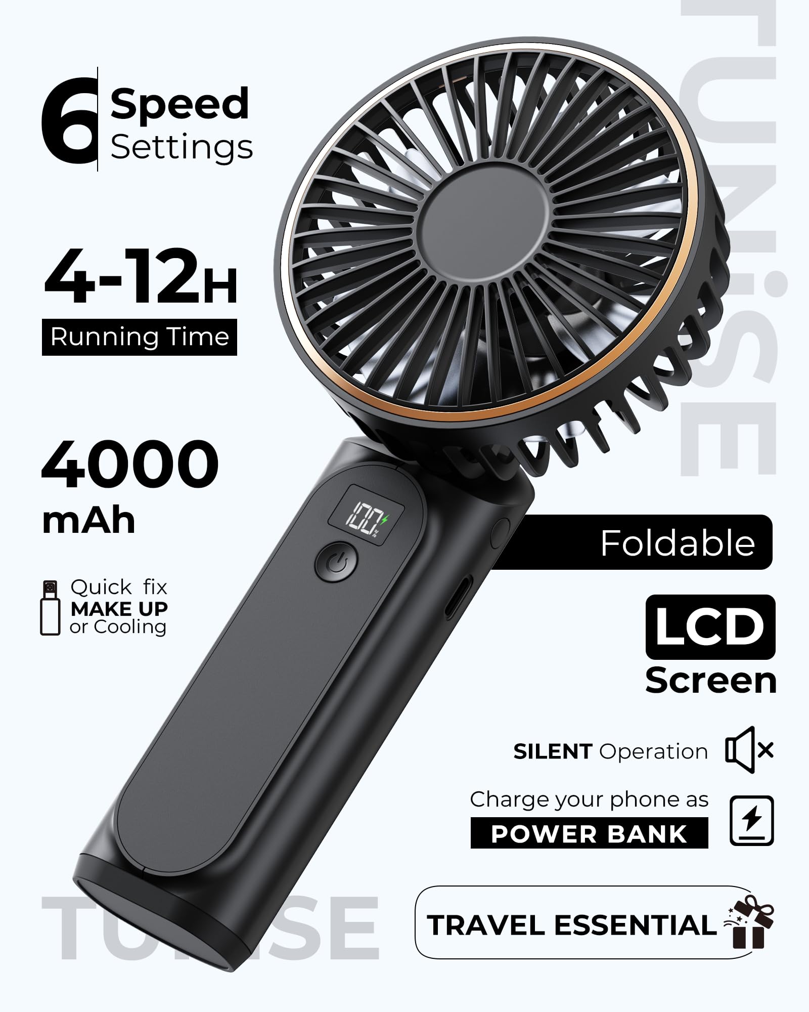 Portable Handheld Fan, 4000Mah, 180 Adjustable, 6 Speed Wind, Display Electricity In Real Time, Usb