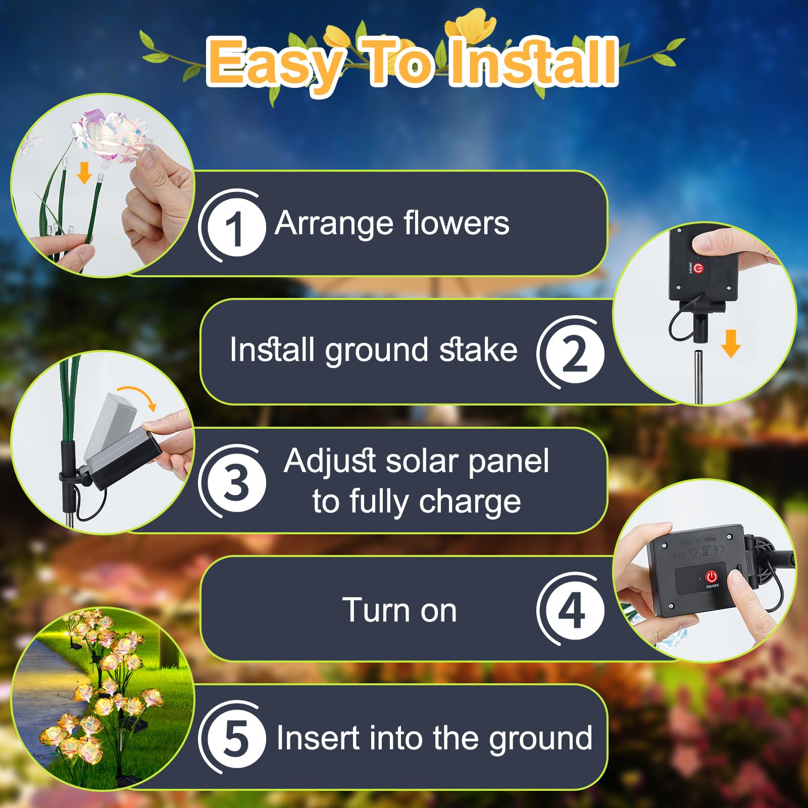 Veeool Solar Garden Lights Outdoor, 4 Pack 24-Head Artificial Flowers Solar Lights, Ip65 Waterproof Garden Decoration For Yard Patio Path Cemetery Grave,  For Mom Women Bithday Mother'S Day-Auto On/Off